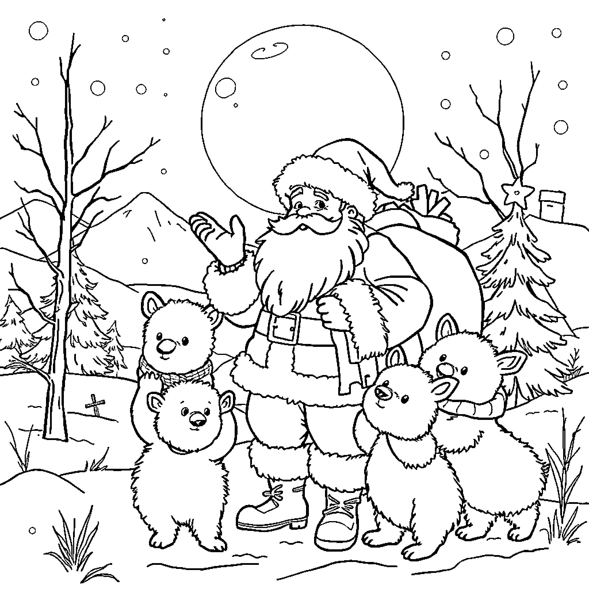 Père Noël and his furry friends in a winter wonderland Coloring Page (free black-and-white line drawing printable PDF for all, from beginners to advanced learners, including children, teens, adults, and seniors)