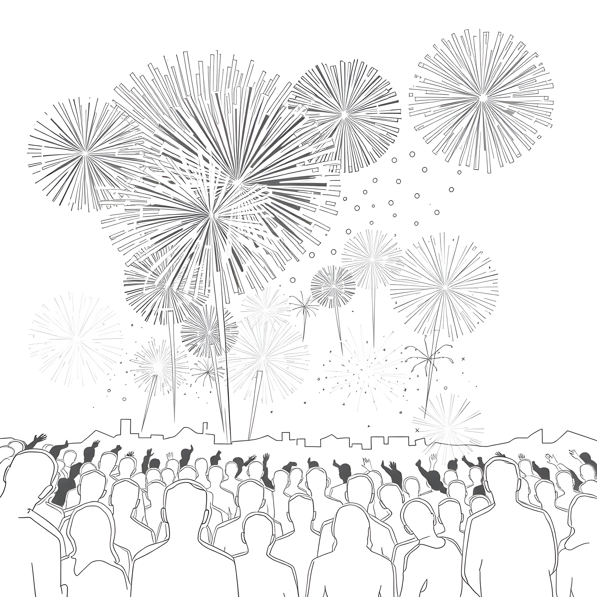 Firework display over a cityscape with a crowd watching Coloring Page (free black-and-white line drawing printable PDF for all, from beginners to advanced learners, including children, teens, adults, and seniors)