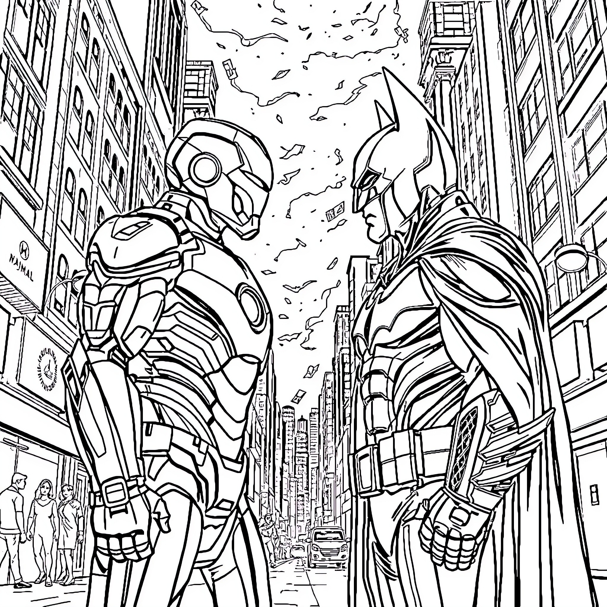 Iron Man and Batman Heroic Encounter in City Coloring Page (free black-and-white line drawing printable PDF for all, from beginners to advanced learners, including children, teens, adults, and seniors)