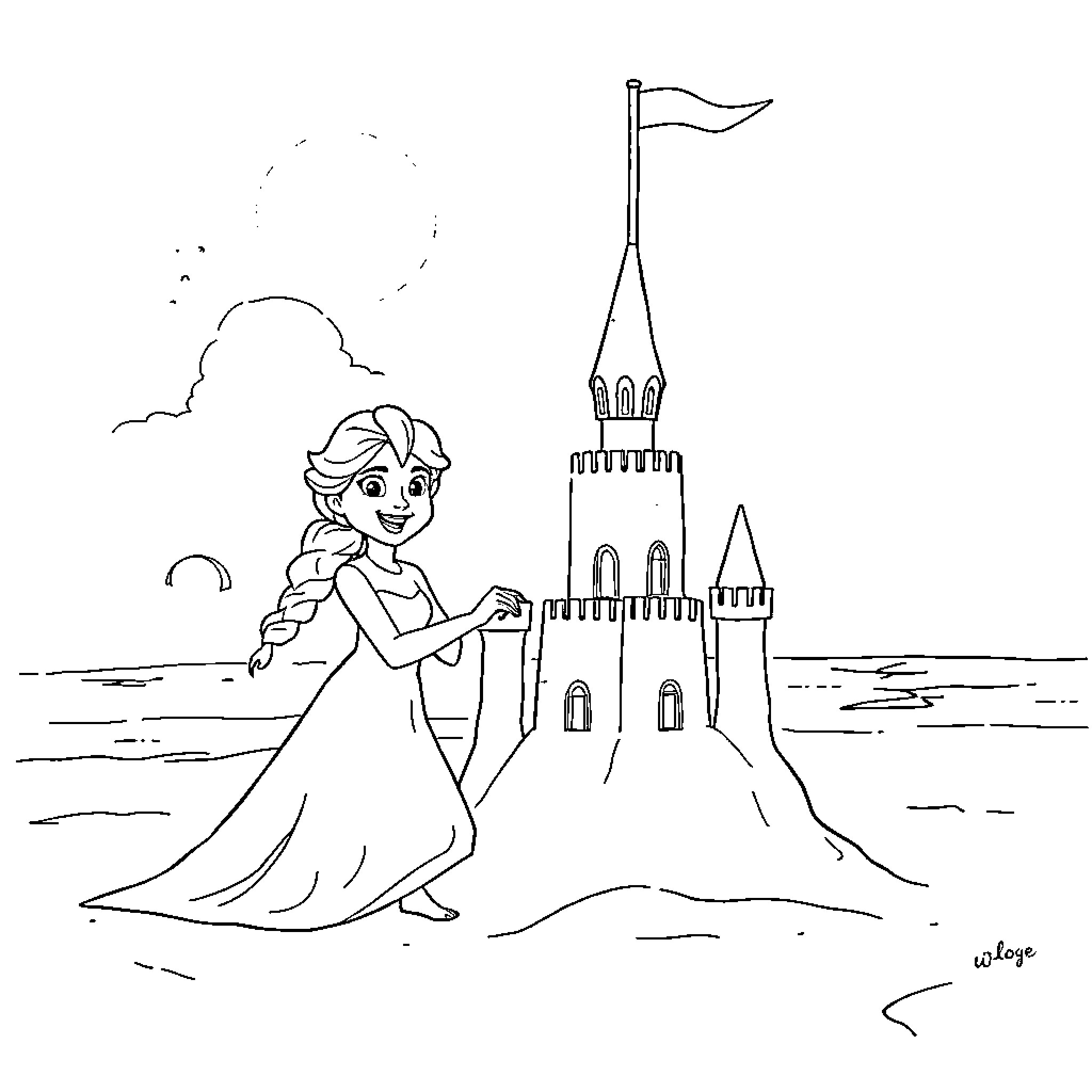 Elsa enjoying the view of her ice castle Coloring Page (free black-and-white line drawing printable PDF for all, from beginners to advanced learners, including children, teens, adults, and seniors)