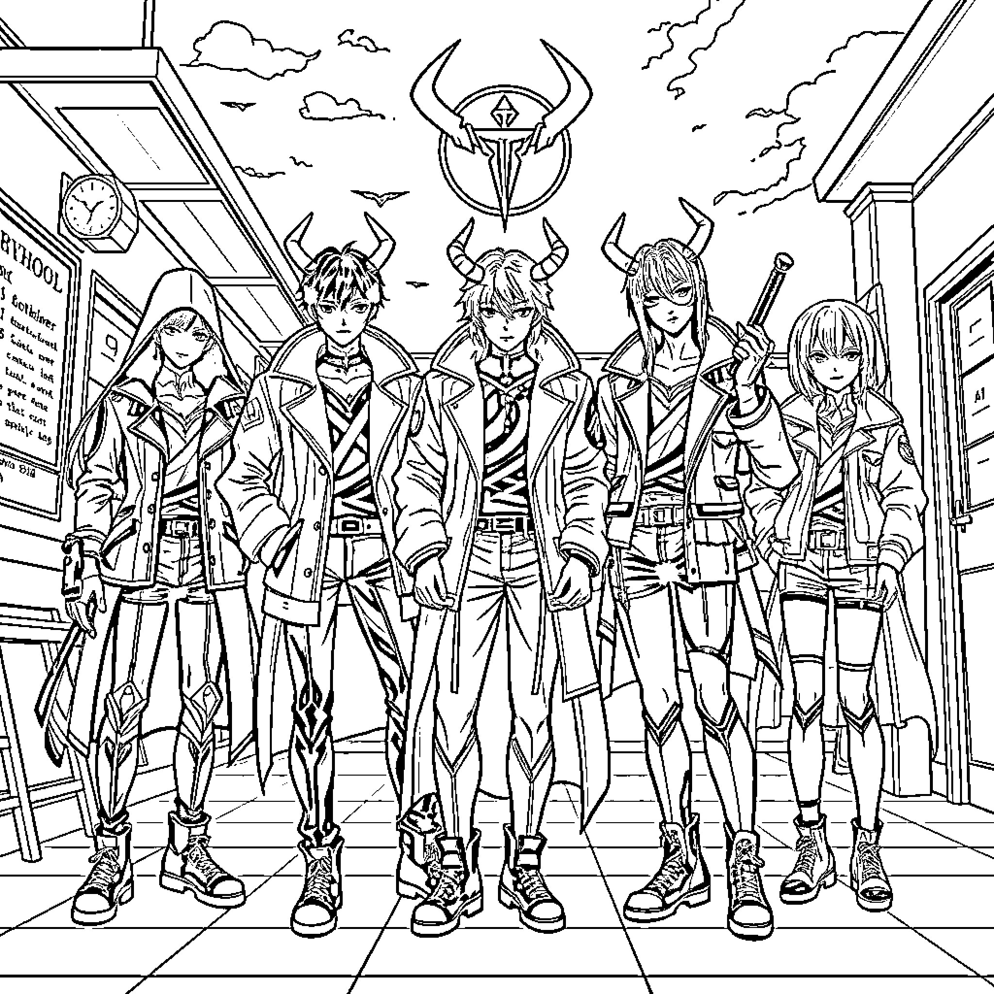 Kpop Demon Hunters in Battle Gear on Duty Coloring Page (free black-and-white line drawing printable PDF for all, from beginners to advanced learners, including children, teens, adults, and seniors)