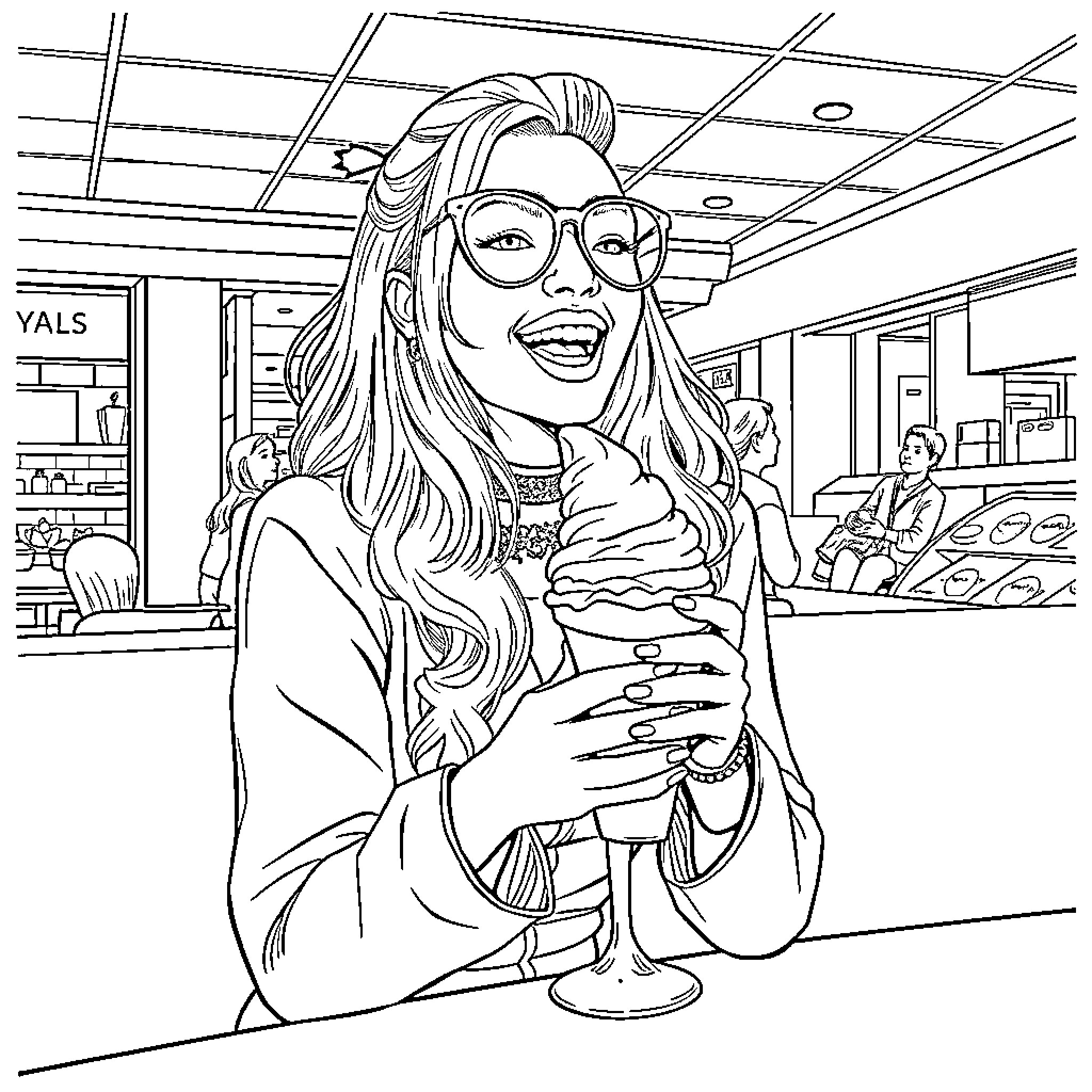 Lady Gaga enjoying herself at a cafe Coloring Page (free black-and-white line drawing printable PDF for all, from beginners to advanced learners, including children, teens, adults, and seniors)