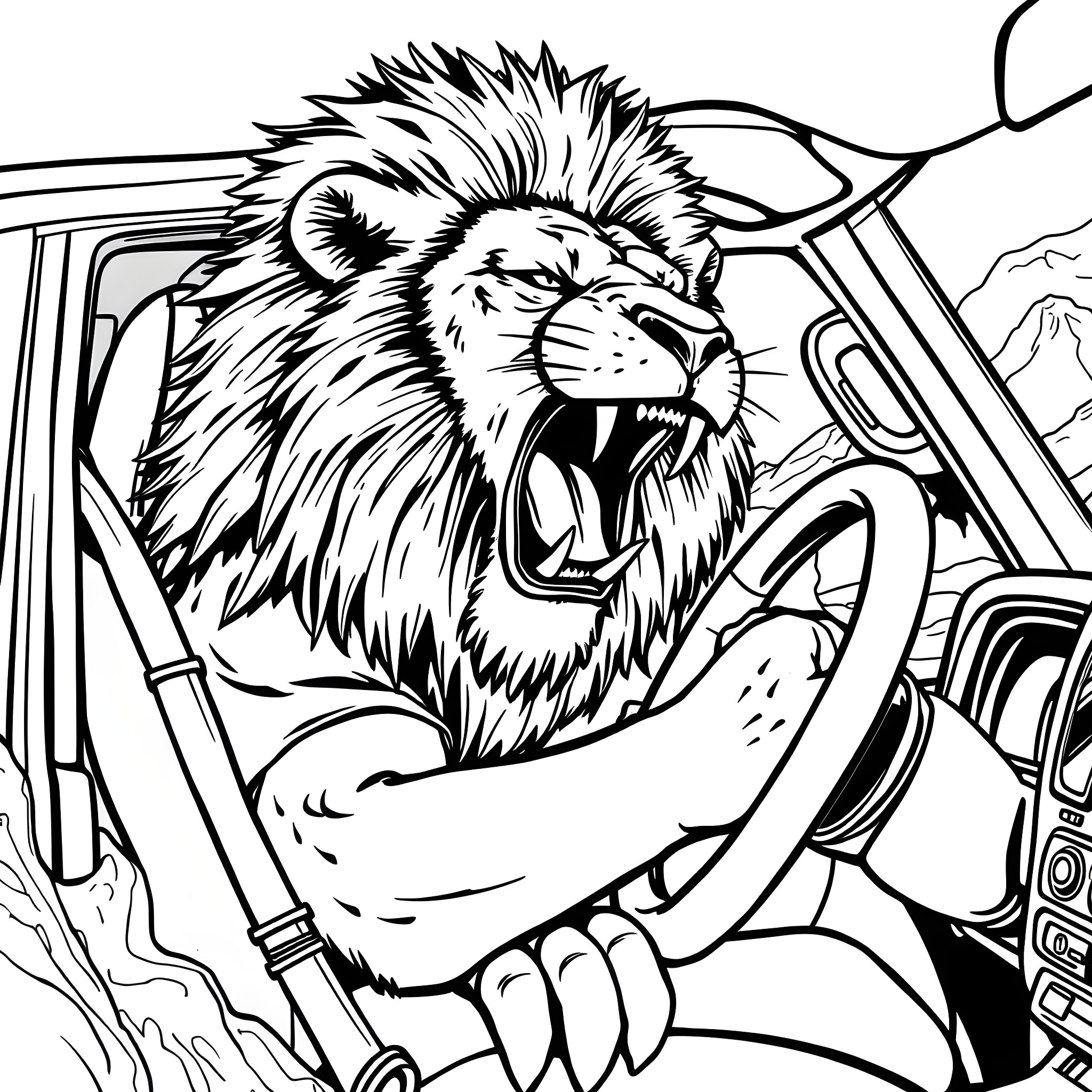 Lion roaring fiercely from a vehicle Coloring Page (free black-and-white line drawing printable PDF for all, from beginners to advanced learners, including children, teens, adults, and seniors)