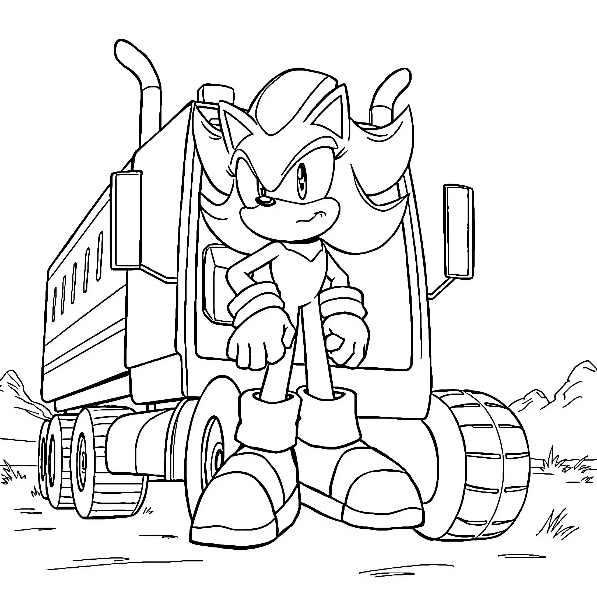Shadow of a Cartoon Character Riding a Truck Coloring Page (free black-and-white line drawing printable PDF for all, from beginners to advanced learners, including children, teens, adults, and seniors)