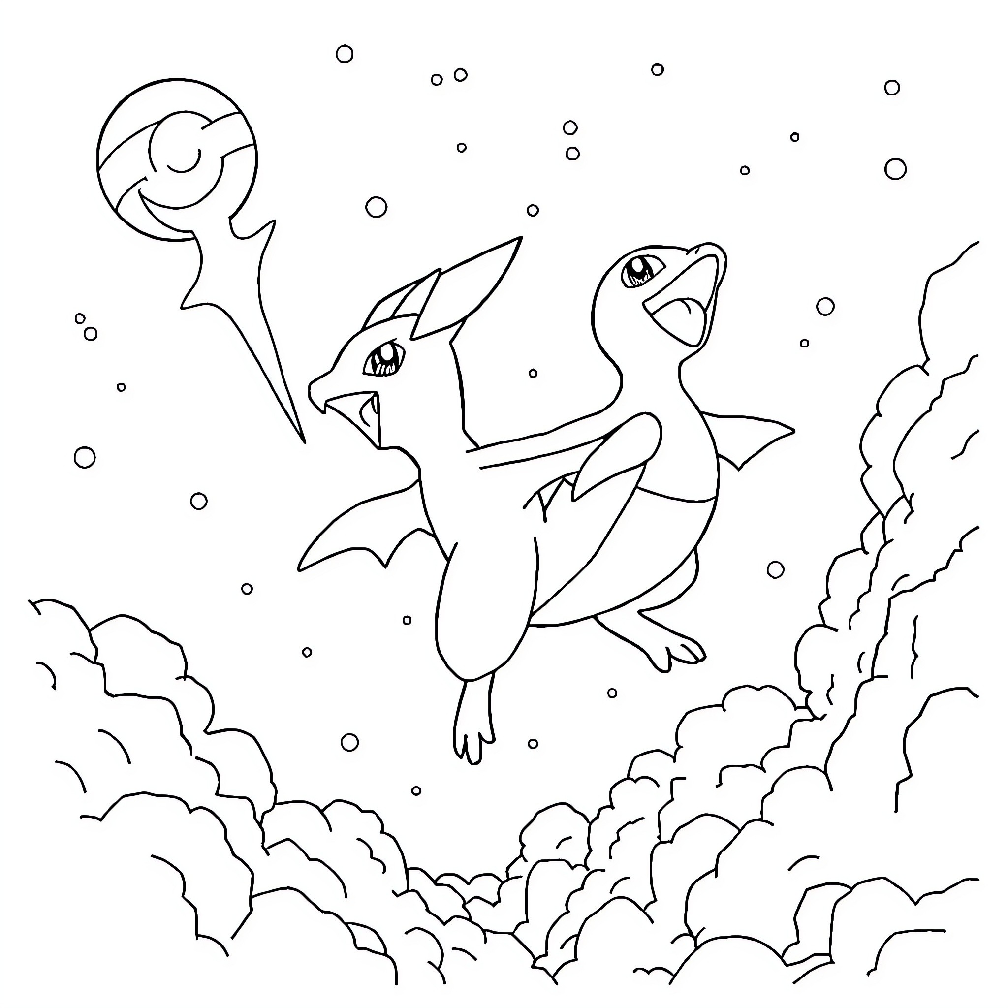 Legendary Pokemon soaring through the skies Coloring Page (free black-and-white line drawing printable PDF for all, from beginners to advanced learners, including children, teens, adults, and seniors)