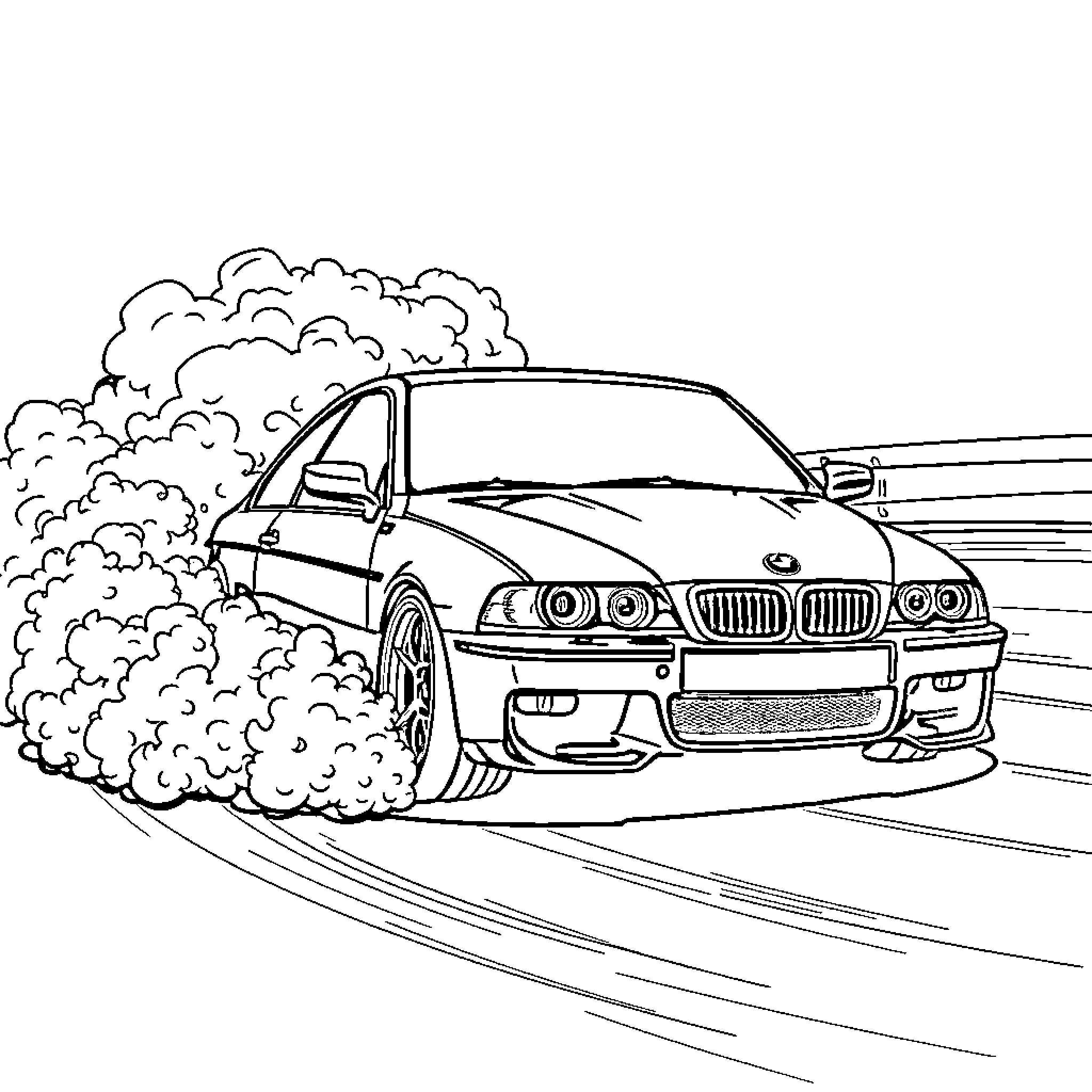 BMW Speeding Sports Car on the Road Coloring Page (free black-and-white line drawing printable PDF for all, from beginners to advanced learners, including children, teens, adults, and seniors)