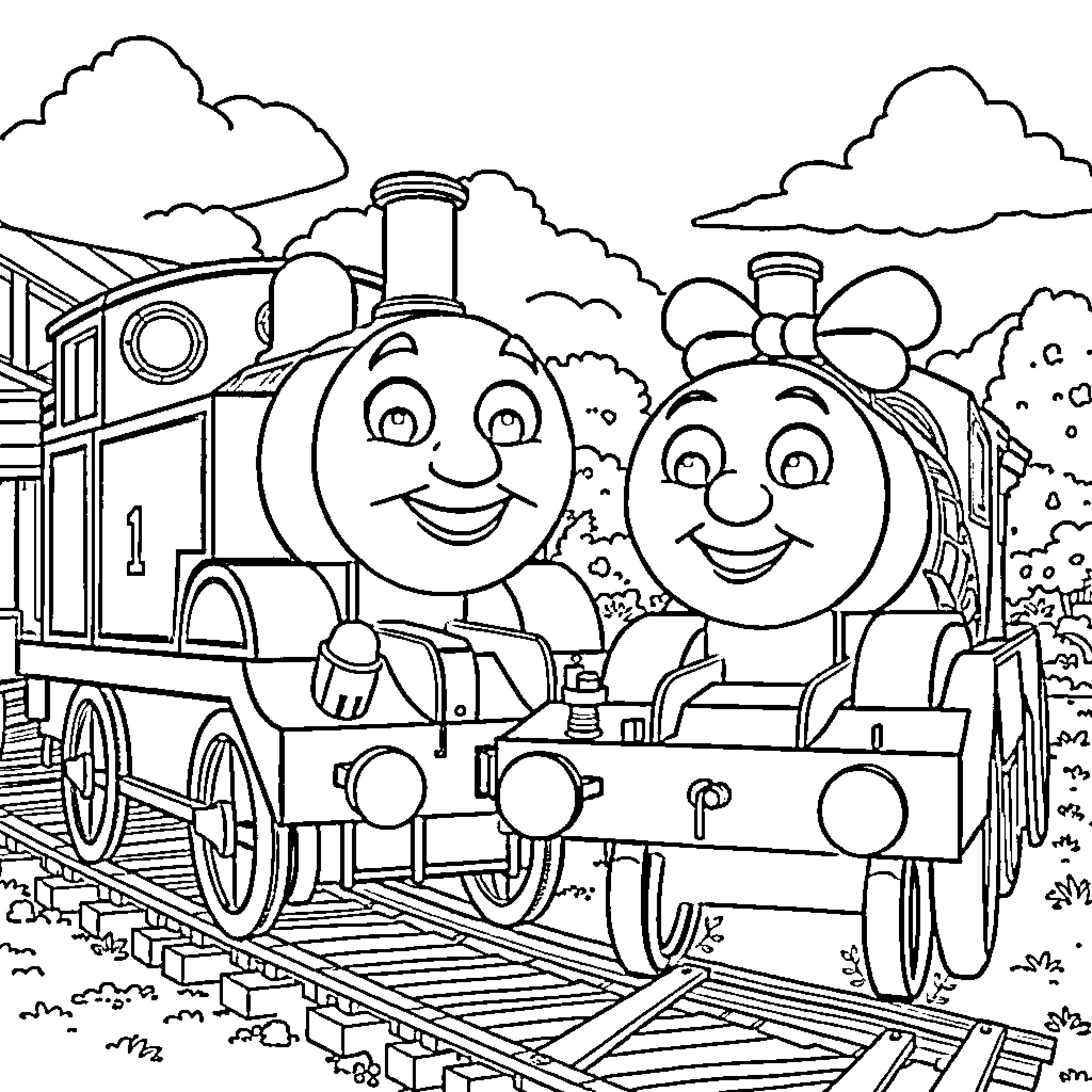Thomas and Friends in a Train Adventure Coloring Page (free black-and-white line drawing printable PDF for all, from beginners to advanced learners, including children, teens, adults, and seniors)
