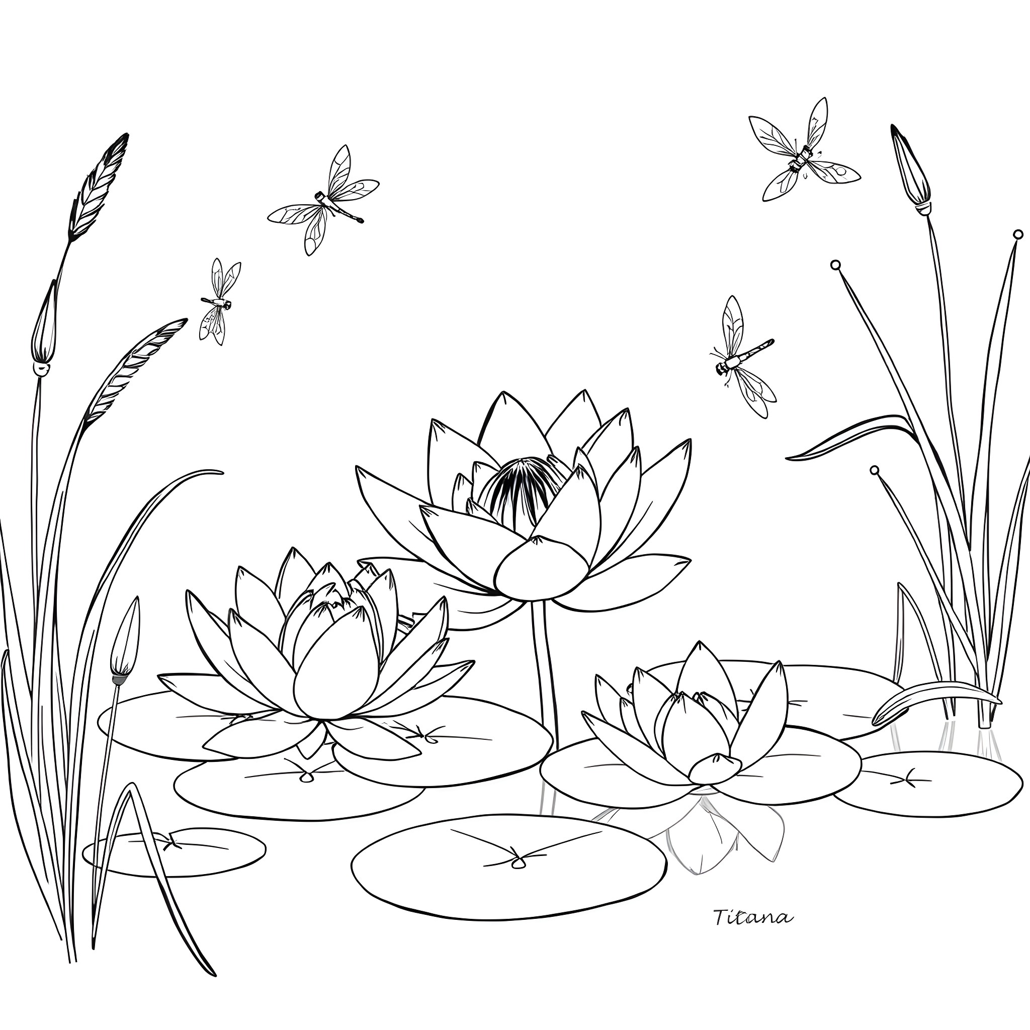 Tiana and the Lily Pond Coloring Page (free black-and-white line drawing printable PDF for all, from beginners to advanced learners, including children, teens, adults, and seniors)