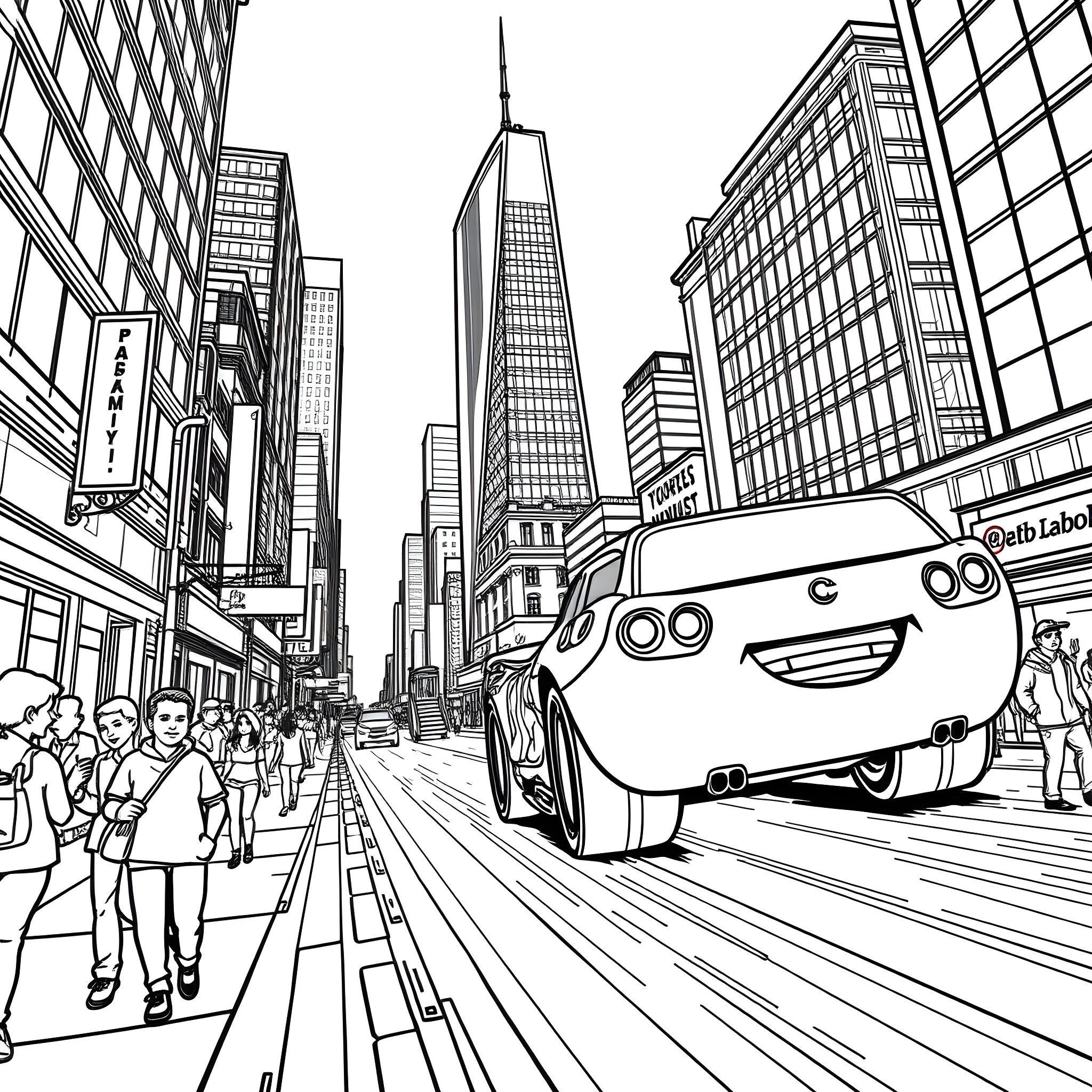 Lightning McQueen in the bustling city streets Coloring Page (free black-and-white line drawing printable PDF for all, from beginners to advanced learners, including children, teens, adults, and seniors)