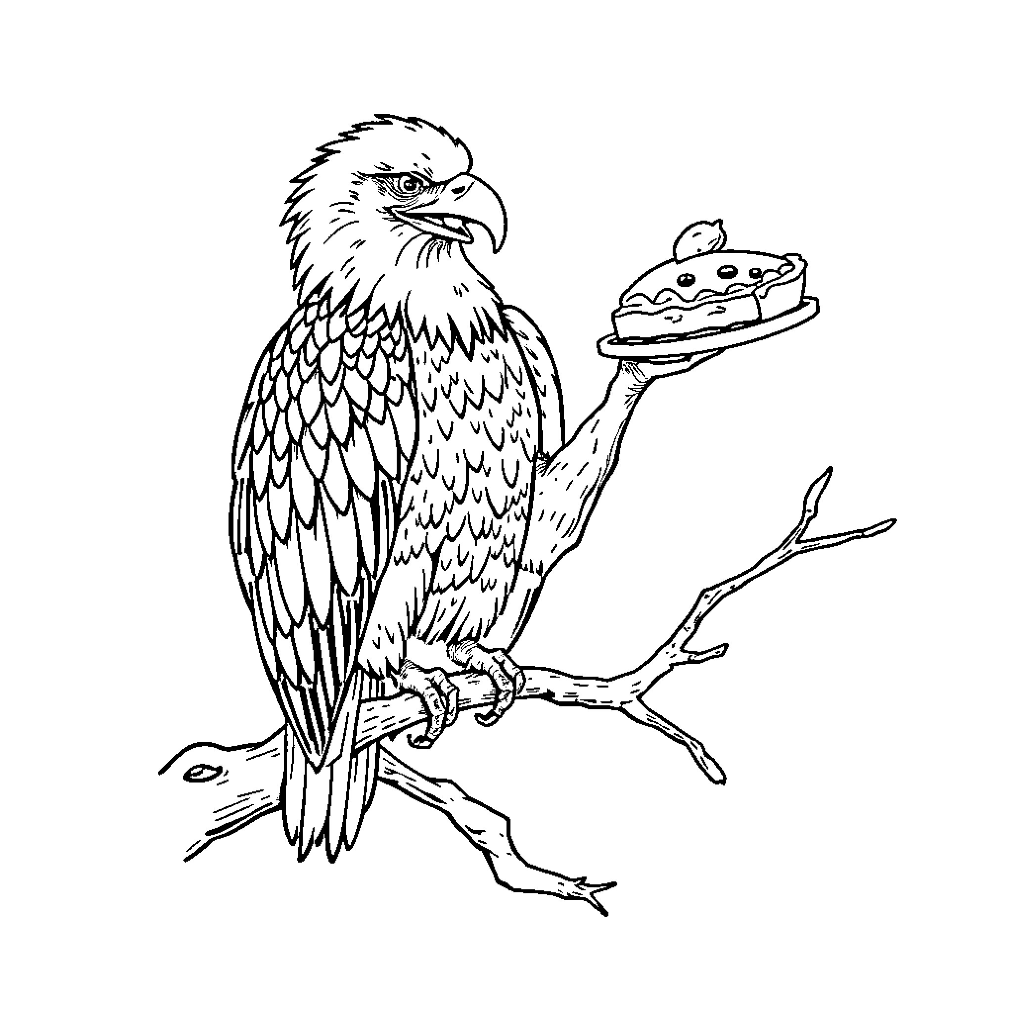 Eagle presenting a tasty offering Coloring Page (free black-and-white line drawing printable PDF for all, from beginners to advanced learners, including children, teens, adults, and seniors)