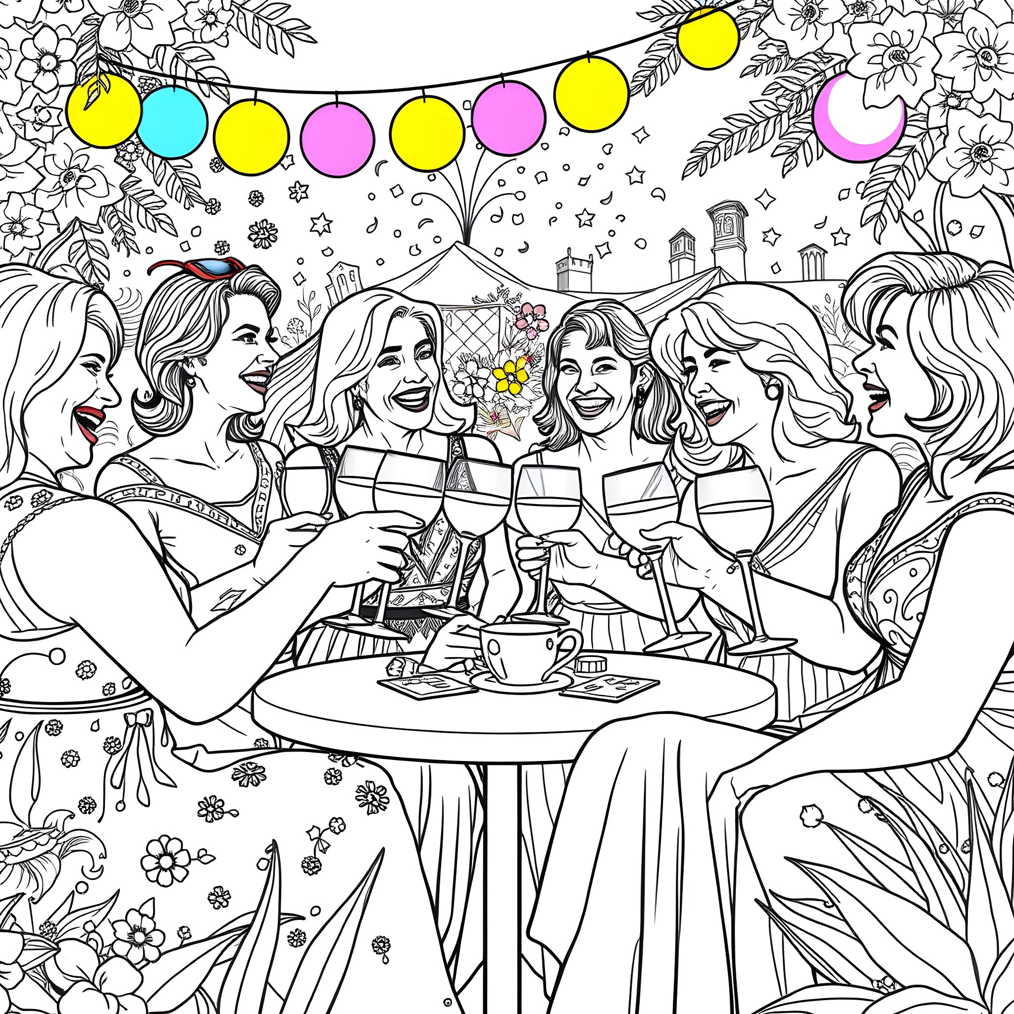 Mum's Night Out: A Joyful Celebration with Friends Coloring Page (free black-and-white line drawing printable PDF for all, from beginners to advanced learners, including children, teens, adults, and seniors)