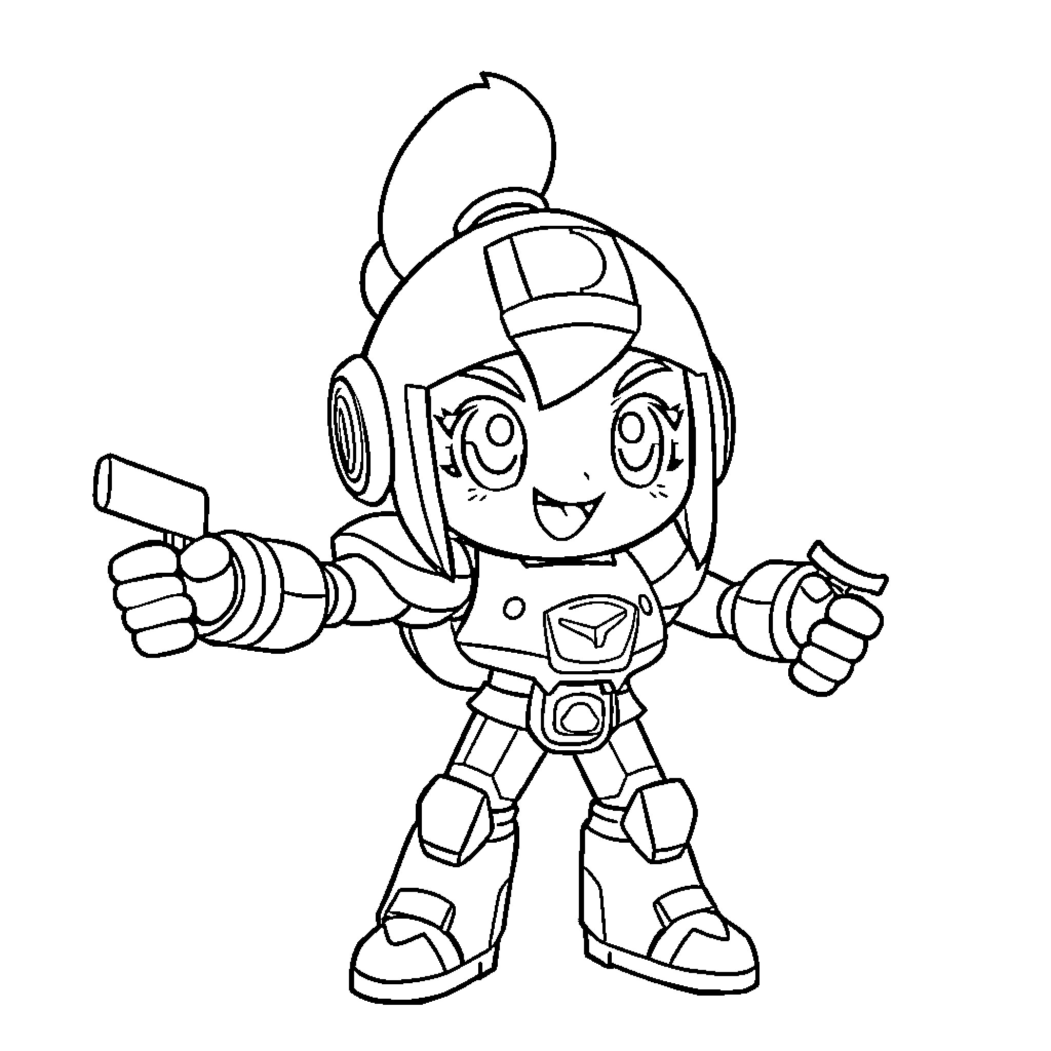 Meg the playful robotic character Coloring Page (free black-and-white line drawing printable PDF for all, from beginners to advanced learners, including children, teens, adults, and seniors)