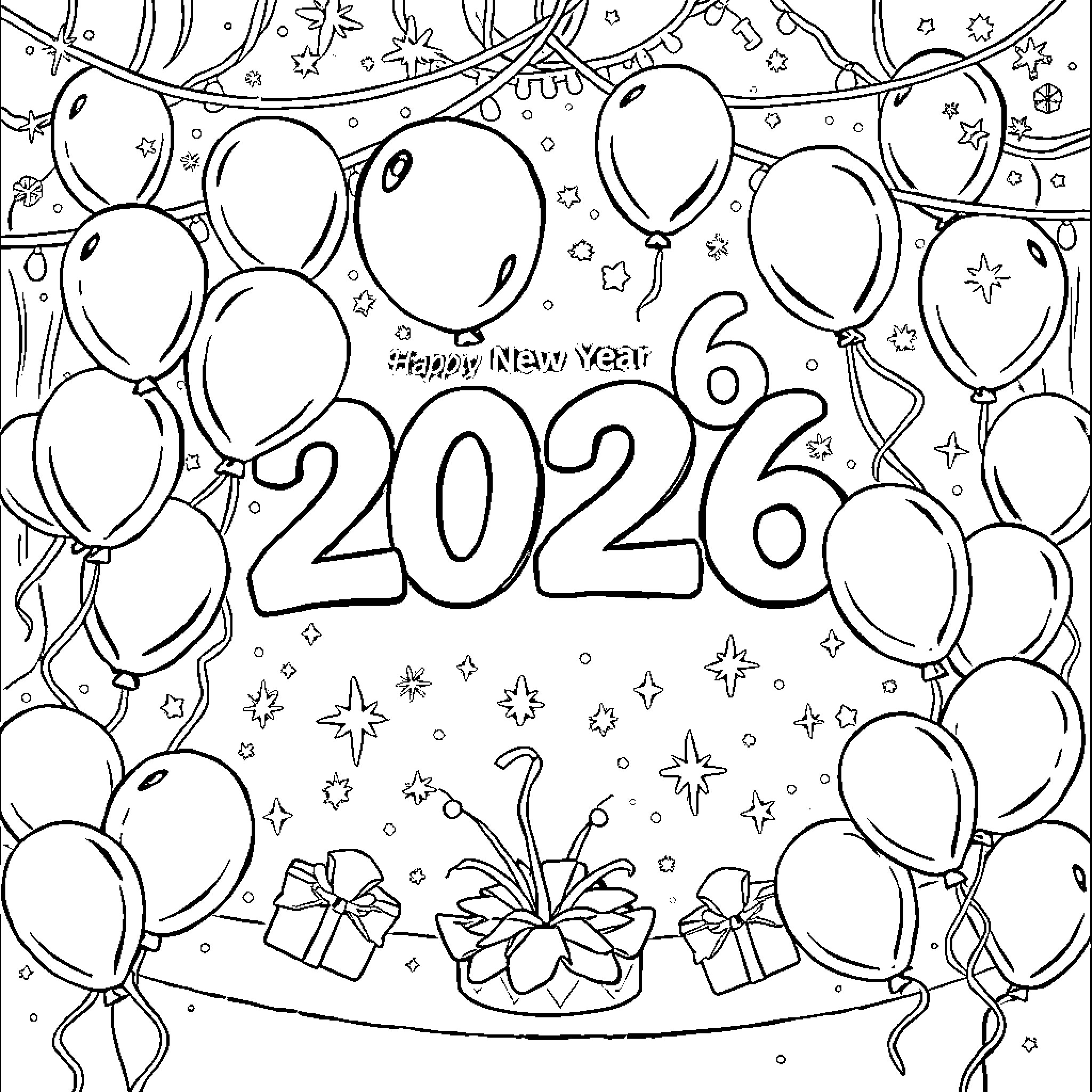 New Year Celebration with Balloons and Gifts Coloring Page (free black-and-white line drawing printable PDF for all, from beginners to advanced learners, including children, teens, adults, and seniors)