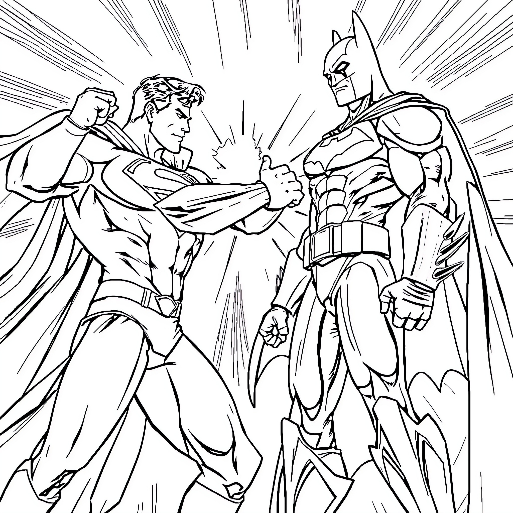 Superman and Batman in an intense battle Coloring Page (free black-and-white line drawing printable PDF for all, from beginners to advanced learners, including children, teens, adults, and seniors)