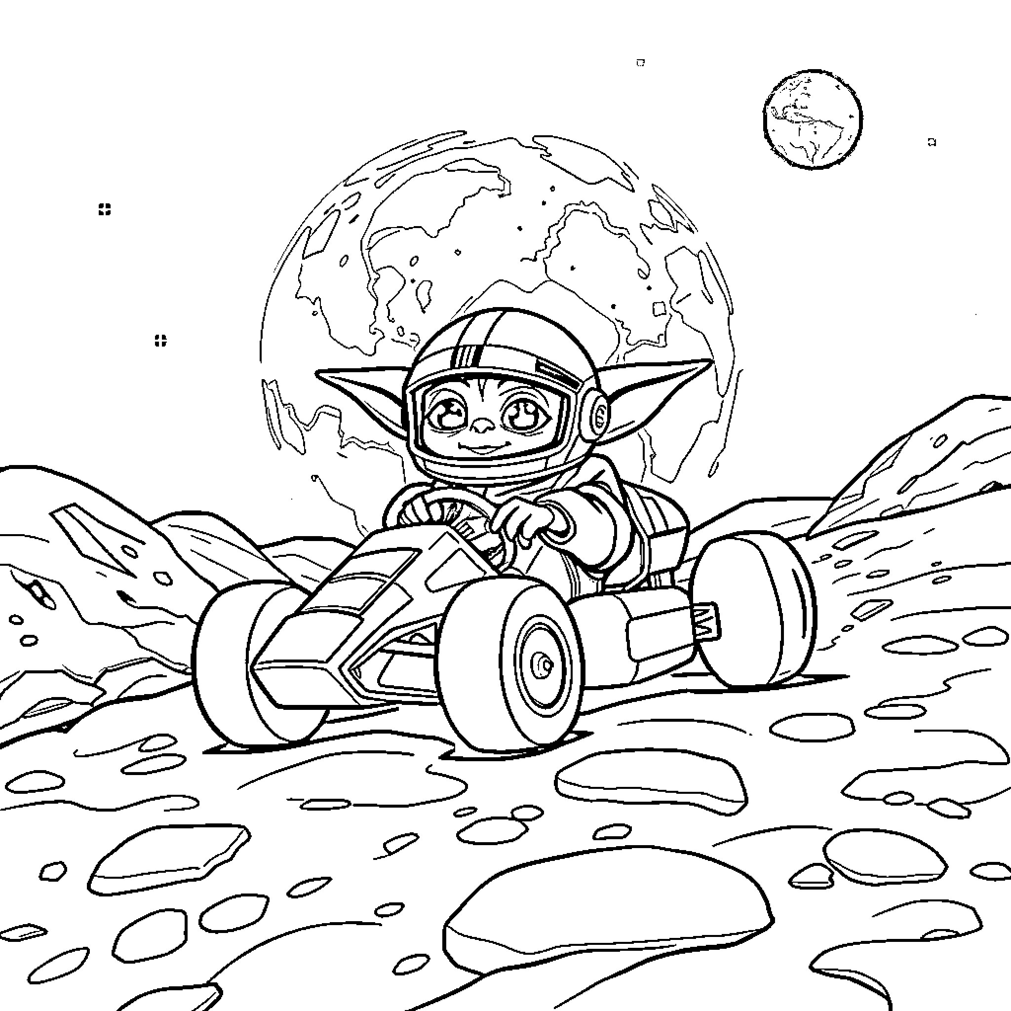 Yoda's Intrepid Space Exploration Coloring Page (free black-and-white line drawing printable PDF for all, from beginners to advanced learners, including children, teens, adults, and seniors)