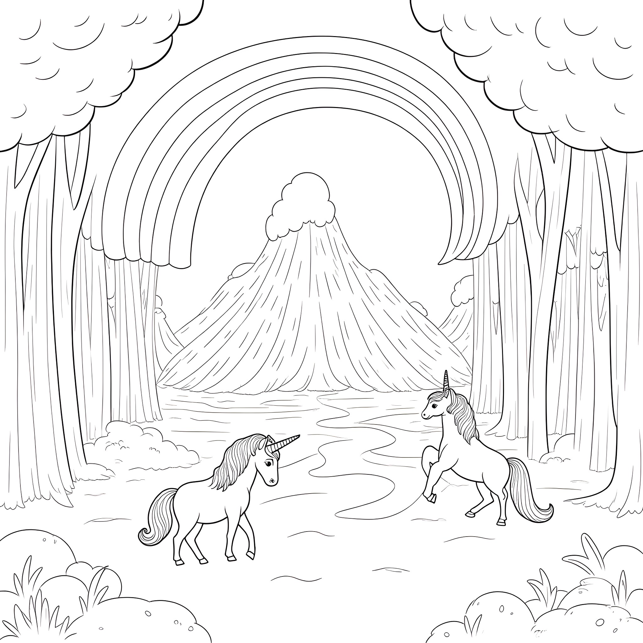 Unicorn playing in a magical forest landscape Coloring Page (free black-and-white line drawing printable PDF for all, from beginners to advanced learners, including children, teens, adults, and seniors)