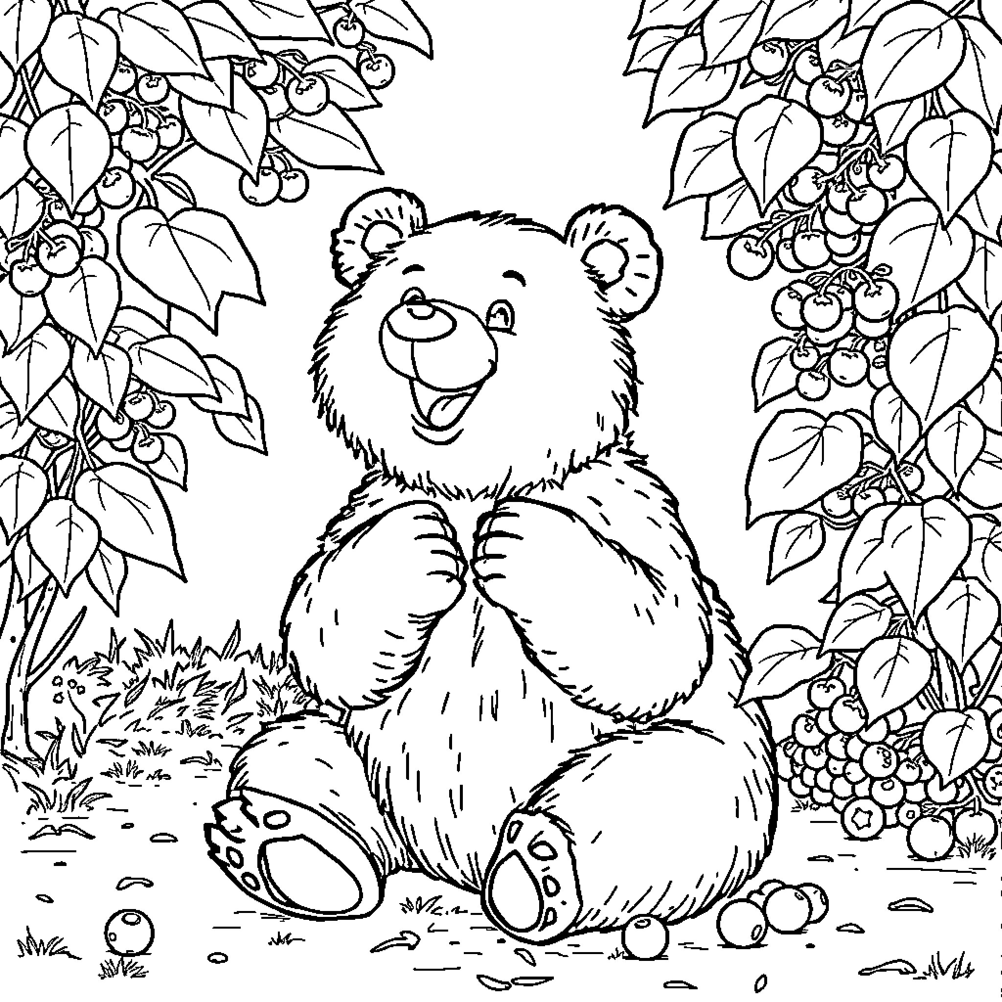Bear enjoying the nature's bounty Coloring Page (free black-and-white line drawing printable PDF for all, from beginners to advanced learners, including children, teens, adults, and seniors)