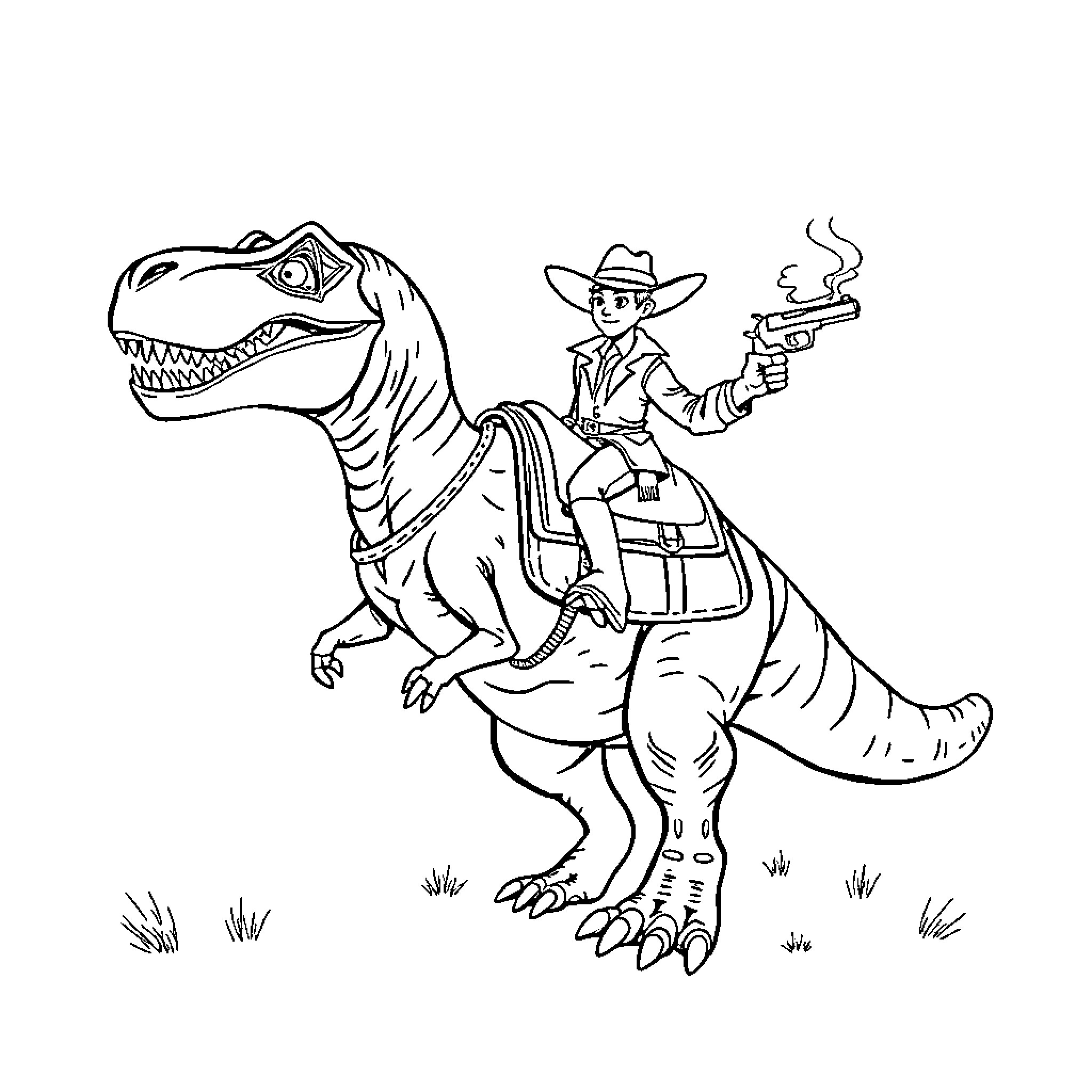 T-Rex Cowboy Rides Dinosaur with Pistol Coloring Page (free black-and-white line drawing printable PDF for all, from beginners to advanced learners, including children, teens, adults, and seniors)