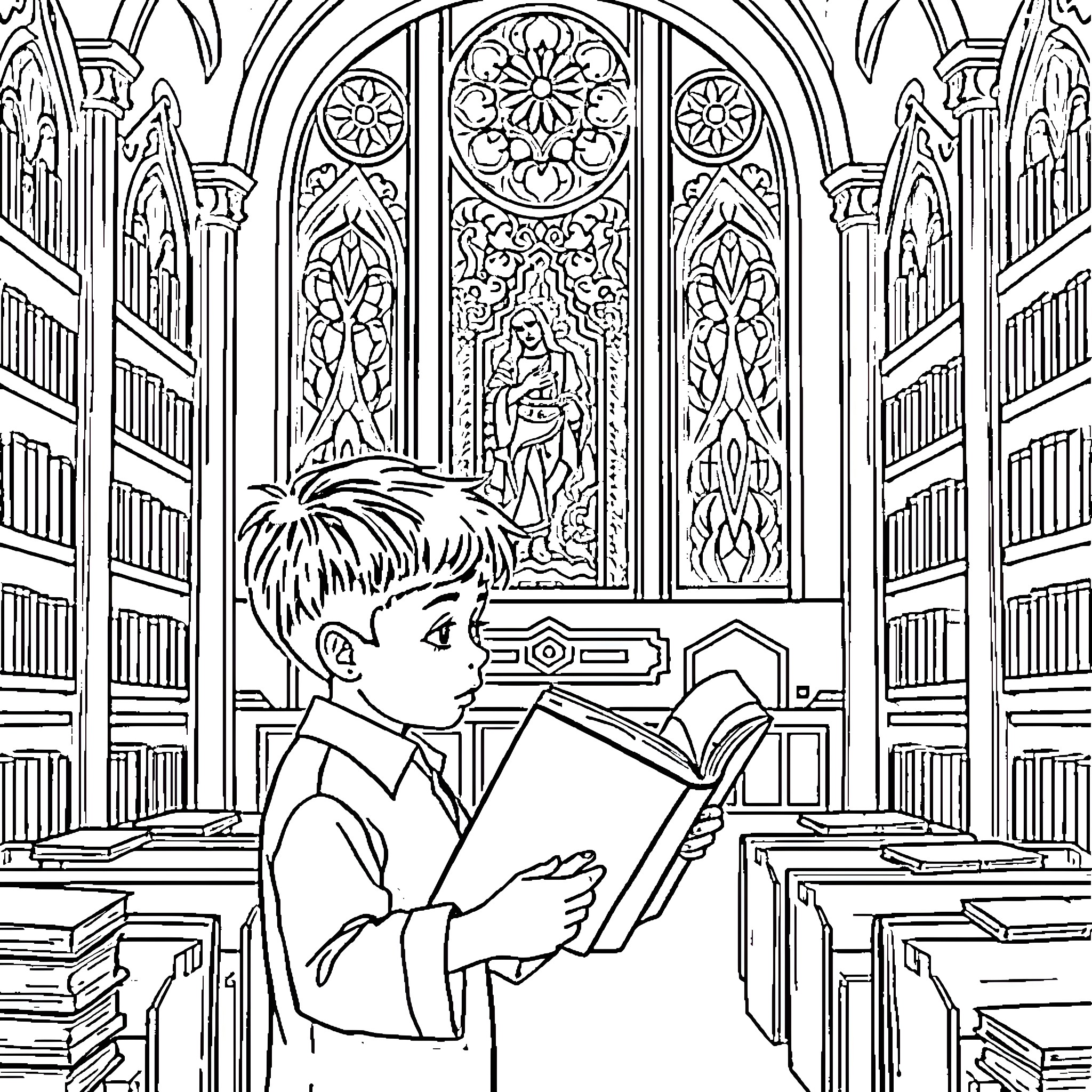 Kid reading intently in an ornate library Coloring Page (free black-and-white line drawing printable PDF for all, from beginners to advanced learners, including children, teens, adults, and seniors)