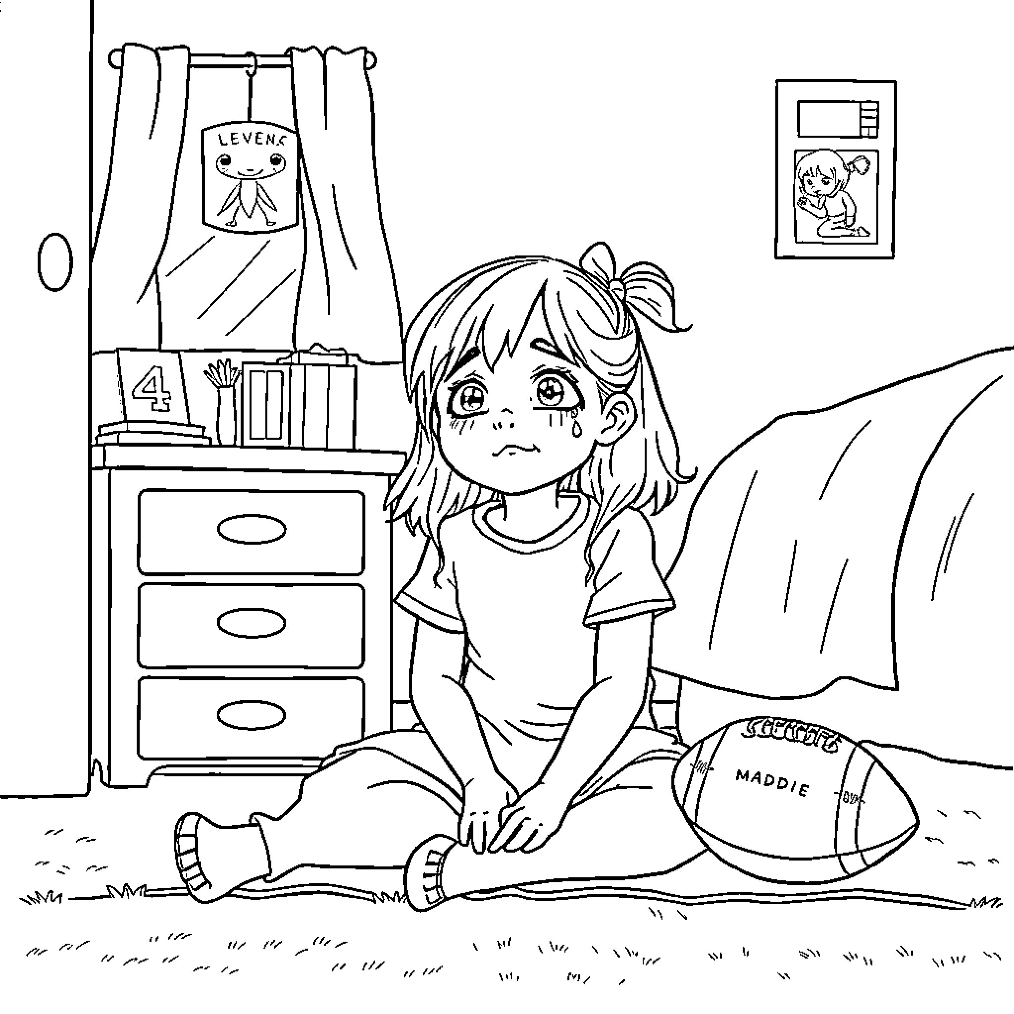 Girl sitting on floor with sad expression Coloring Page (free black-and-white line drawing printable PDF for all, from beginners to advanced learners, including children, teens, adults, and seniors)