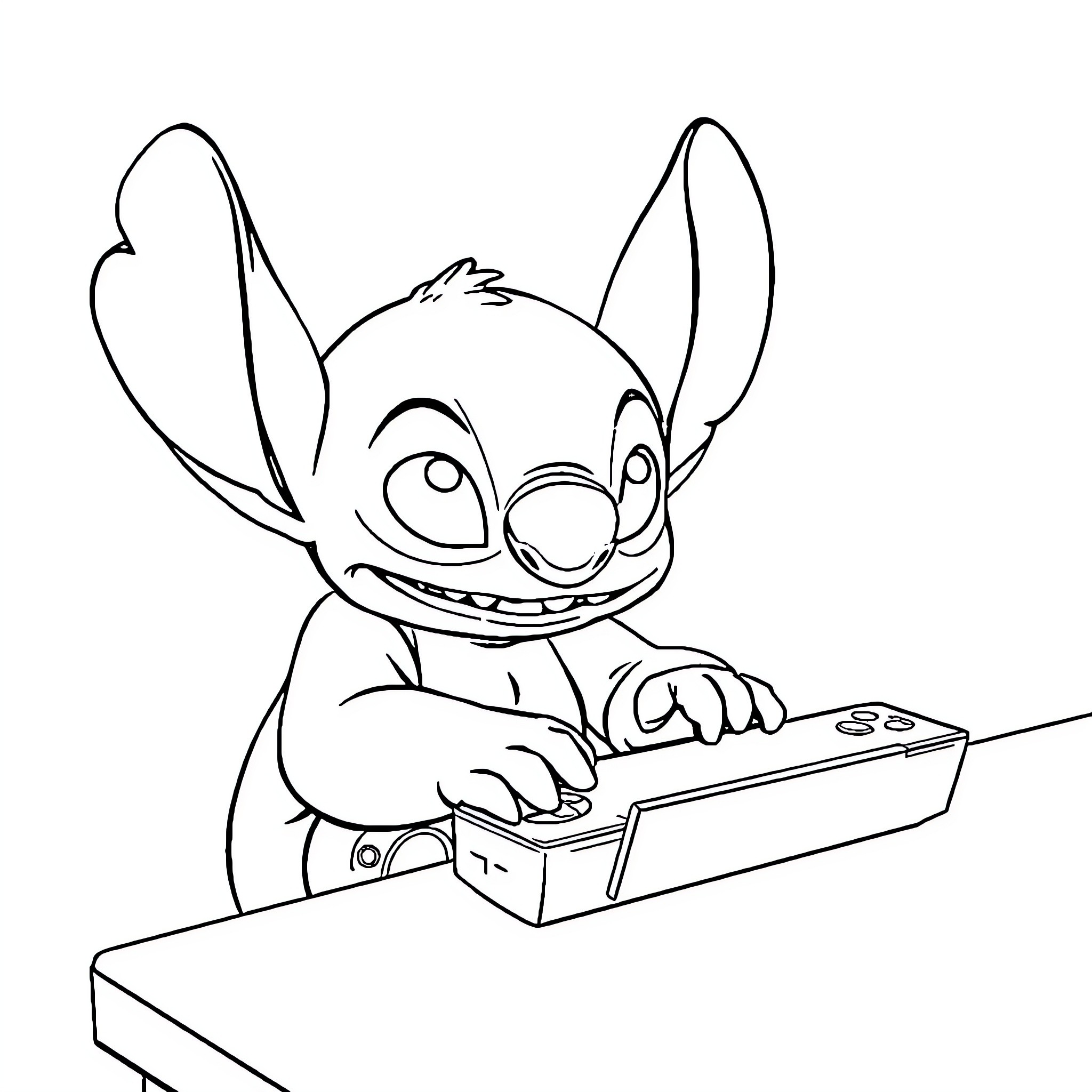 Stitch playing video game with excitement Coloring Page (free black-and-white line drawing printable PDF for all, from beginners to advanced learners, including children, teens, adults, and seniors)