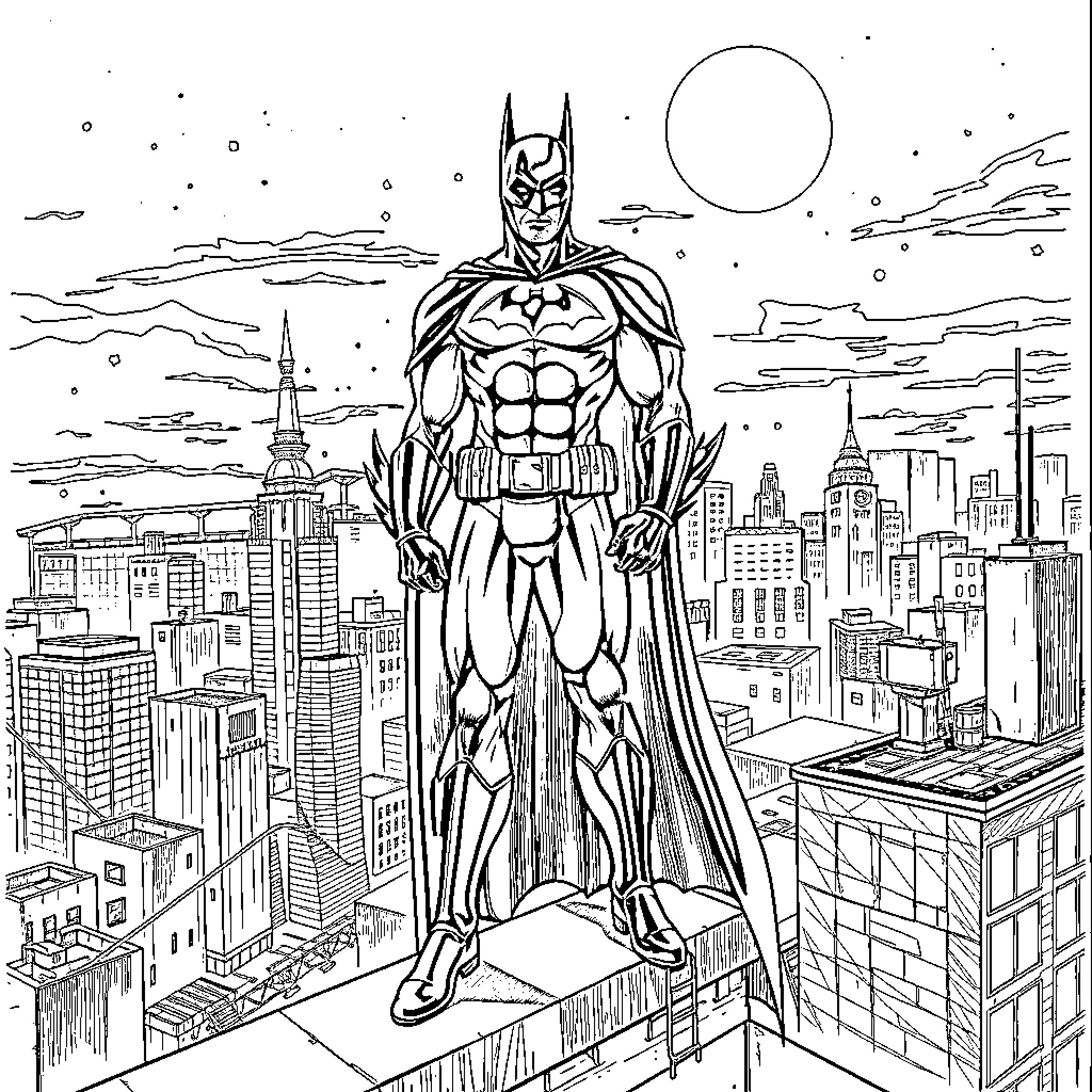 Batman standing tall over the city at night Coloring Page (free black-and-white line drawing printable PDF for all, from beginners to advanced learners, including children, teens, adults, and seniors)