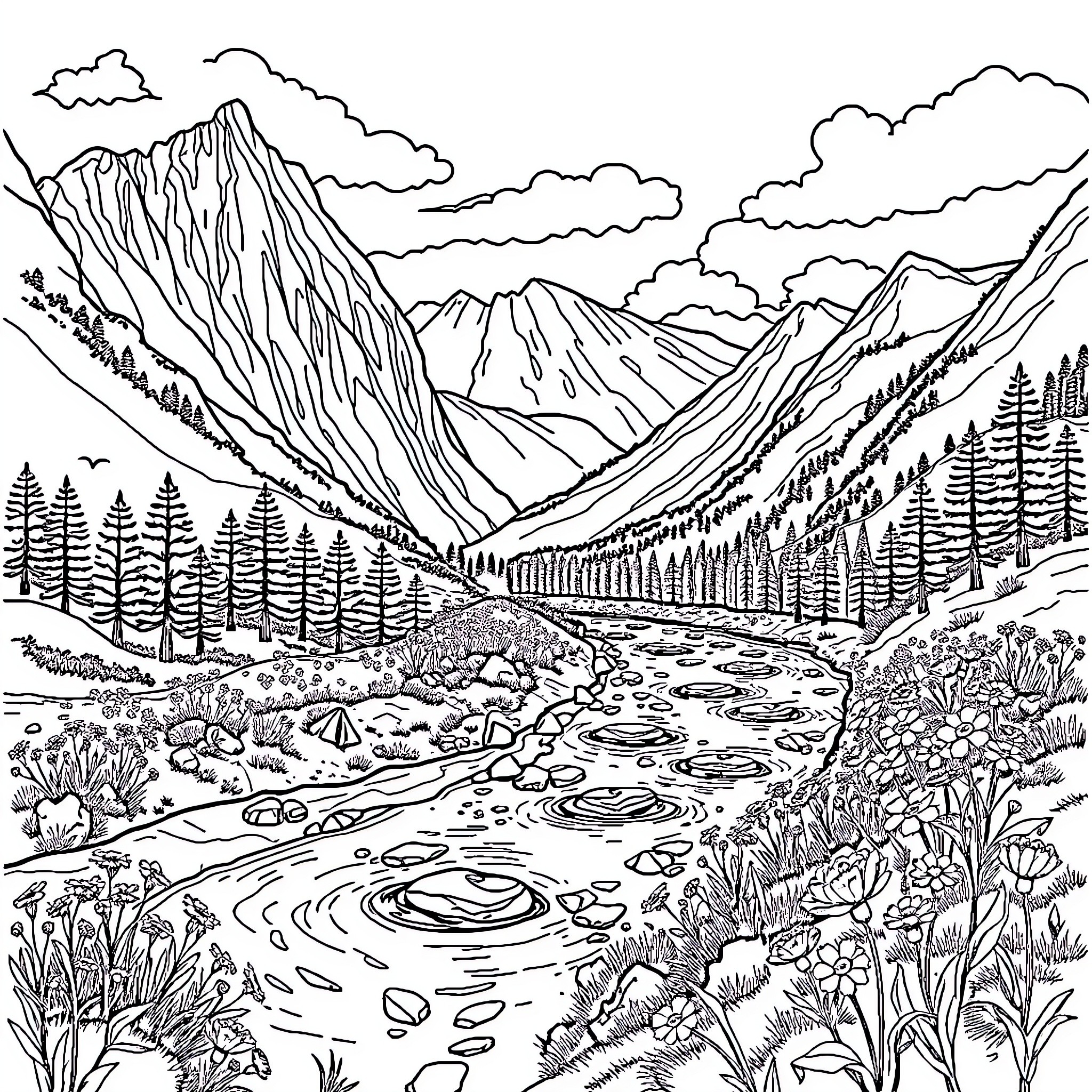 Nature's Majestic Mountain Landscape with Flowing Stream Coloring Page (free black-and-white line drawing printable PDF for all, from beginners to advanced learners, including children, teens, adults, and seniors)