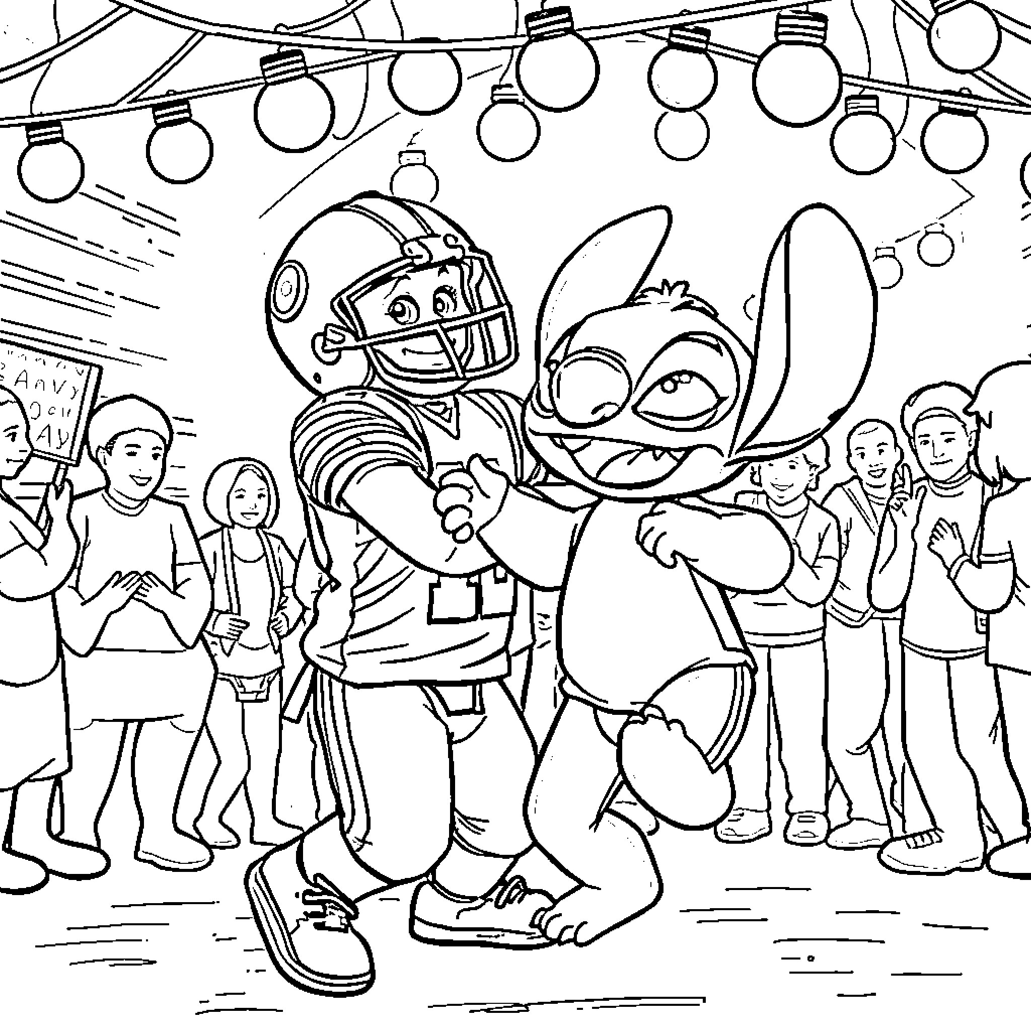 Jordan Love's Friendly Encounter with Stitch at a Festive Event Coloring Page (free black-and-white line drawing printable PDF for all, from beginners to advanced learners, including children, teens, adults, and seniors)