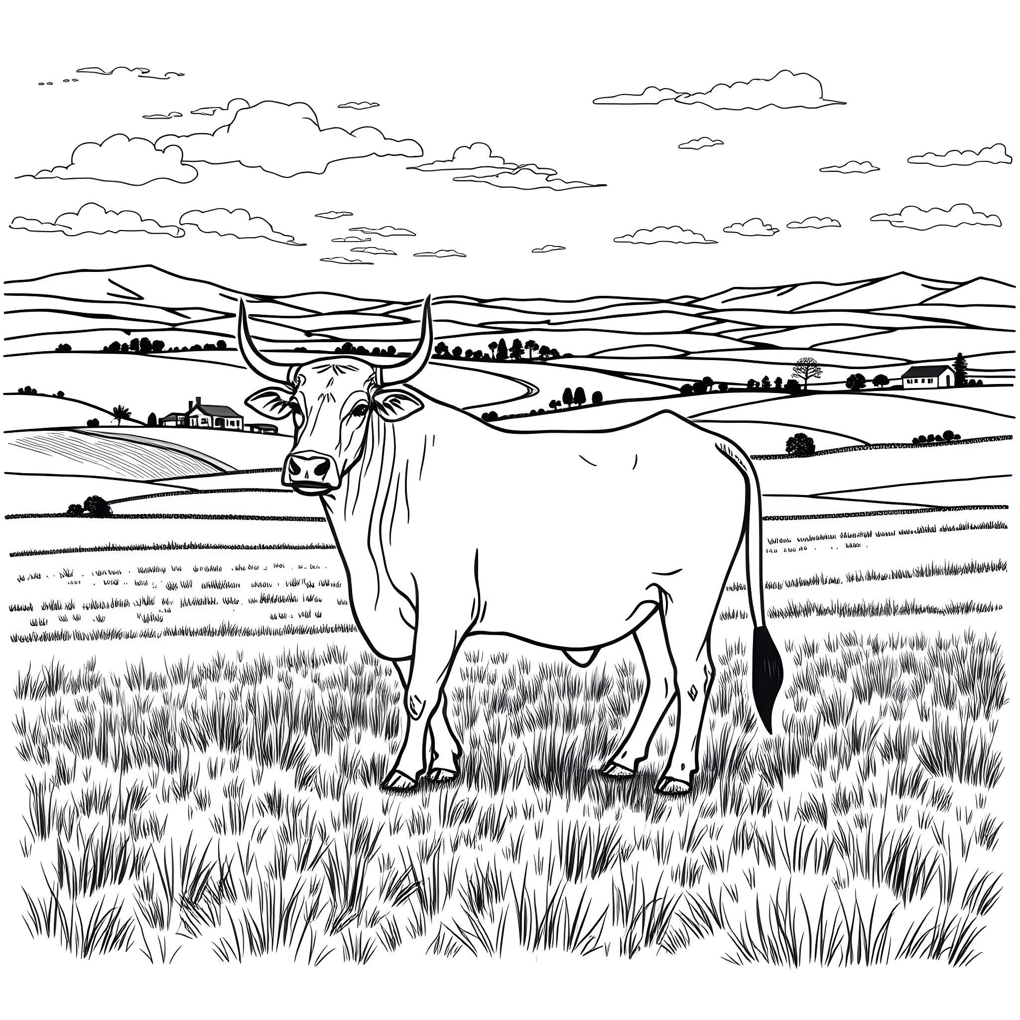 Ox standing in a grassy field with rolling hills Coloring Page (free black-and-white line drawing printable PDF for all, from beginners to advanced learners, including children, teens, adults, and seniors)