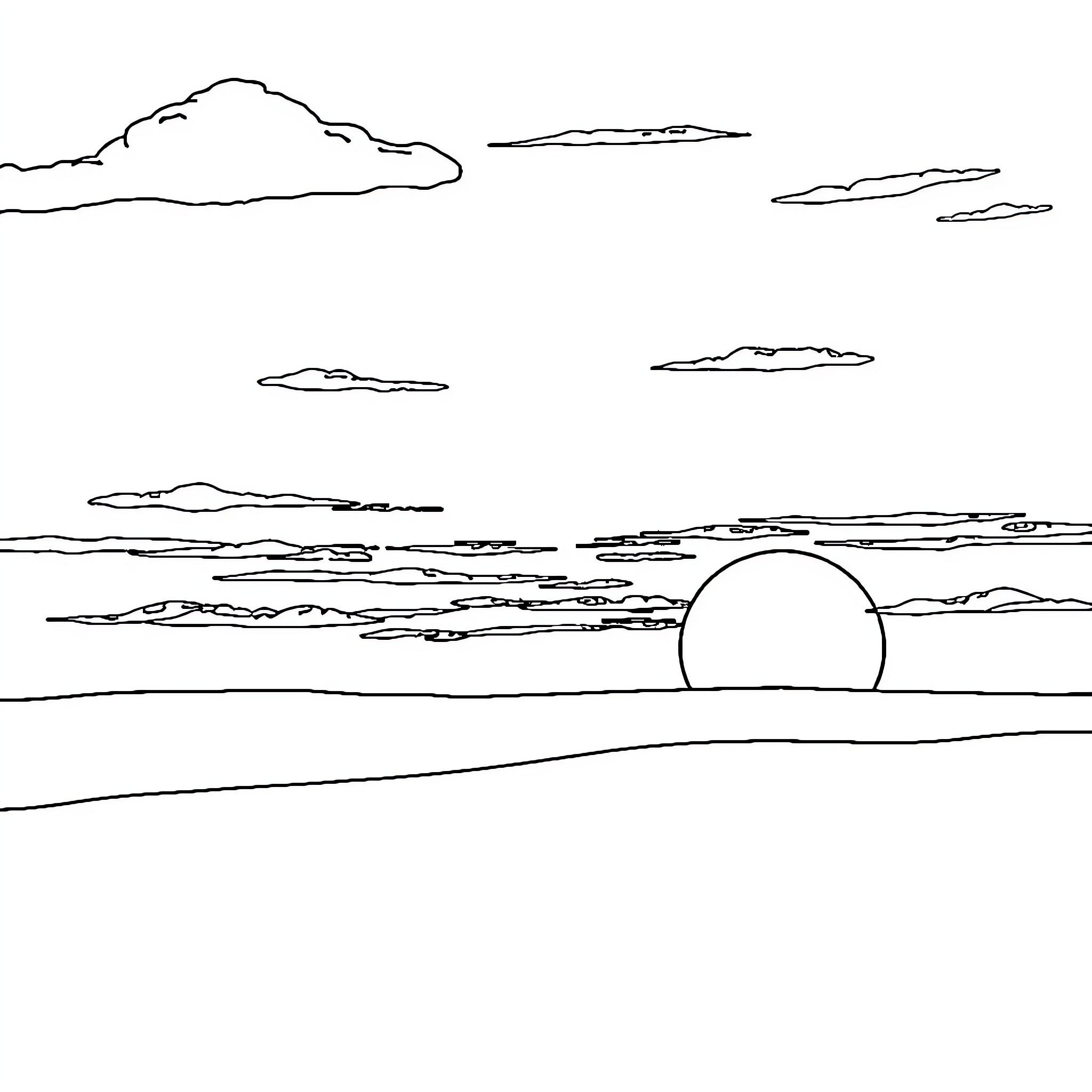 Sun Shines over Serene Landscape Coloring Page (free black-and-white line drawing printable PDF for all, from beginners to advanced learners, including children, teens, adults, and seniors)