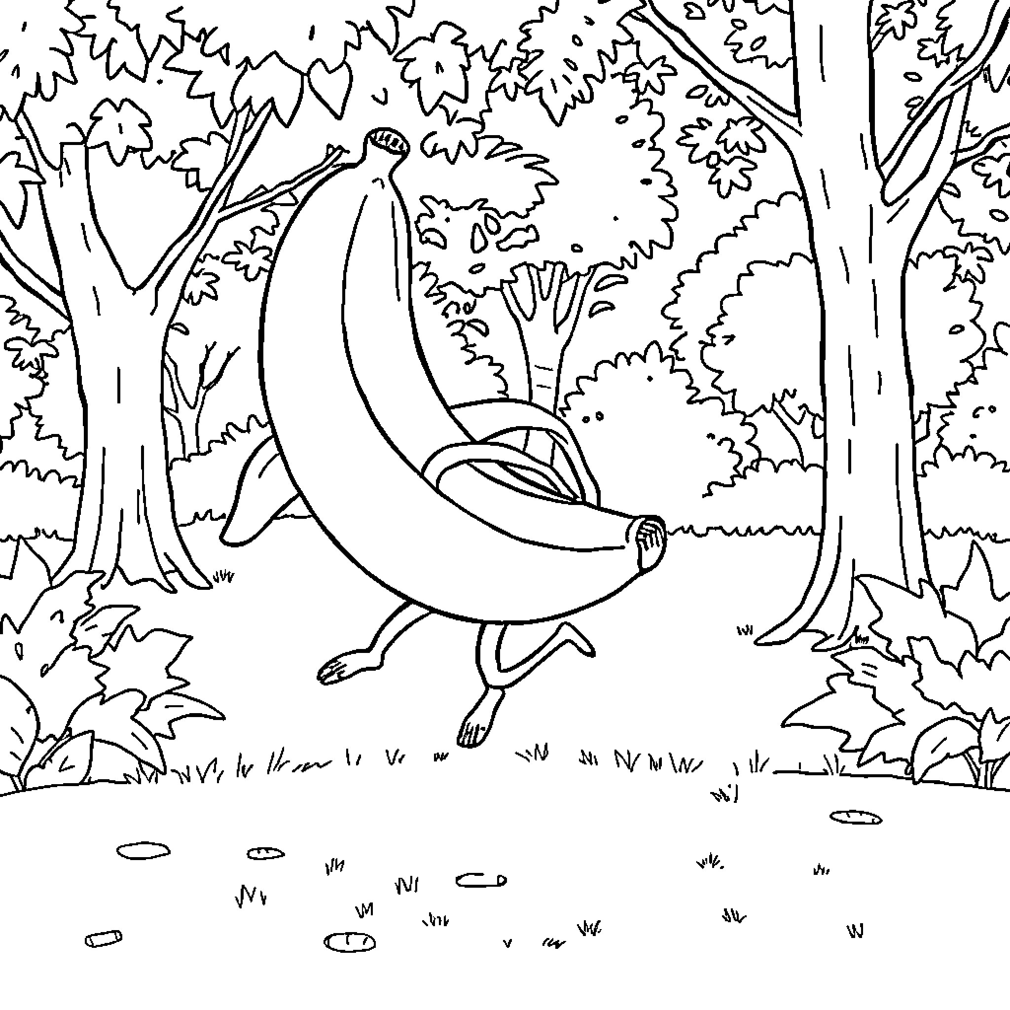 Banana walking through the forest Coloring Page (free black-and-white line drawing printable PDF for all, from beginners to advanced learners, including children, teens, adults, and seniors)