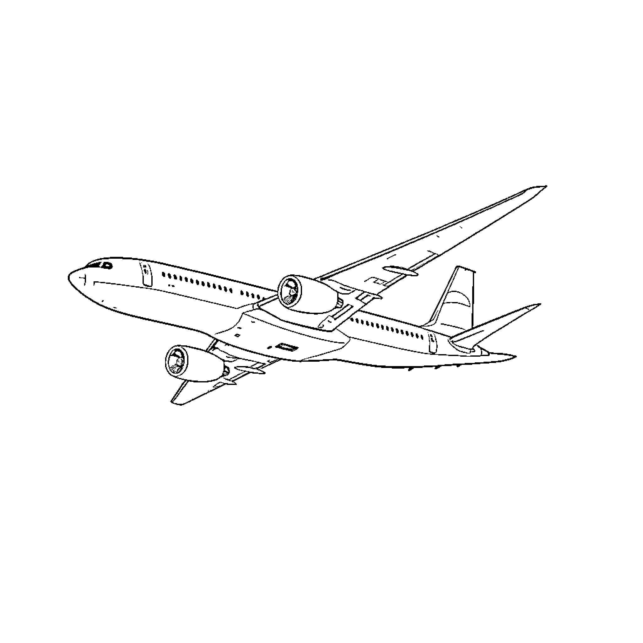 Plane in flight with wings extended Coloring Page (free black-and-white line drawing printable PDF for all, from beginners to advanced learners, including children, teens, adults, and seniors)