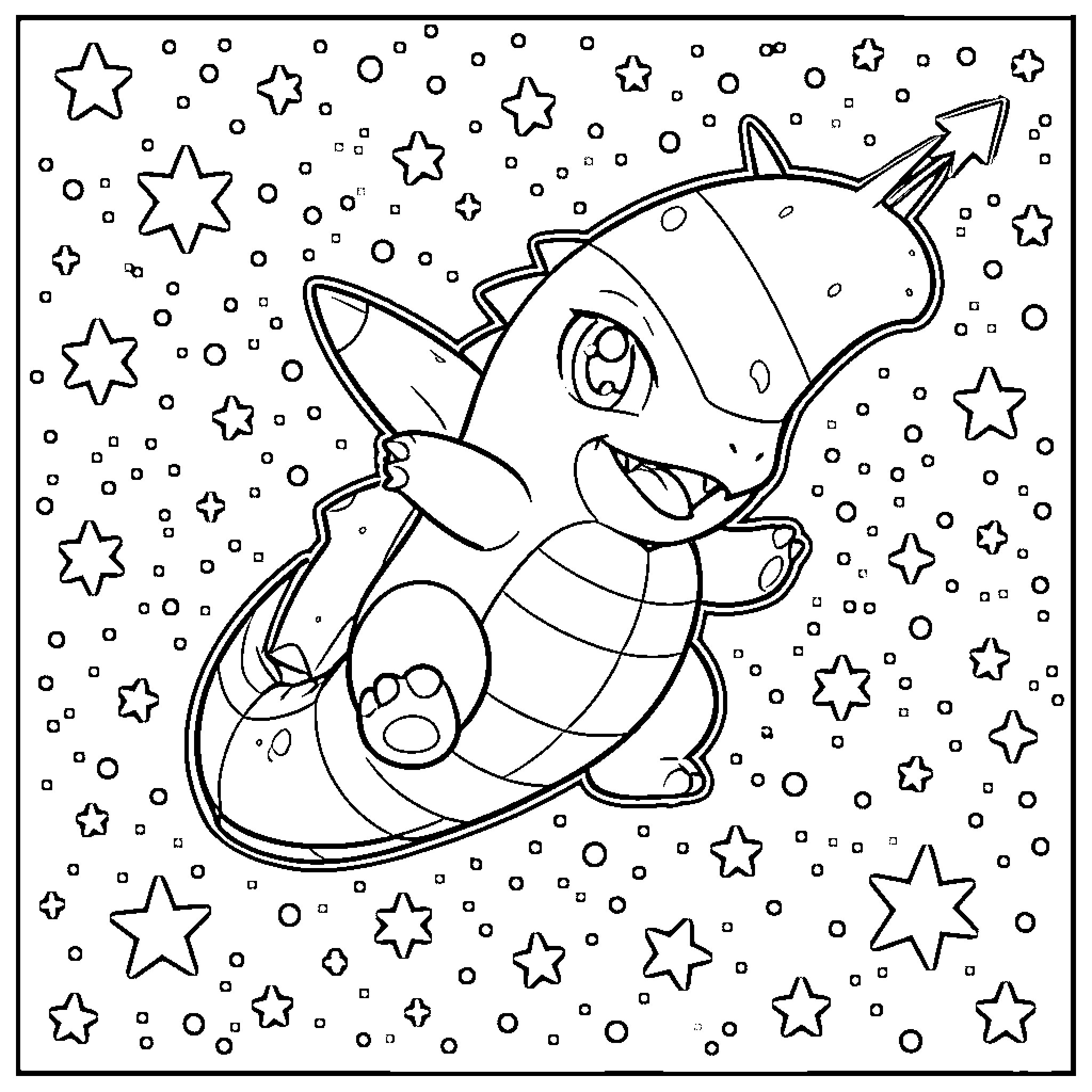 Salamèche smiling happily amidst a starry background Coloring Page (free black-and-white line drawing printable PDF for all, from beginners to advanced learners, including children, teens, adults, and seniors)