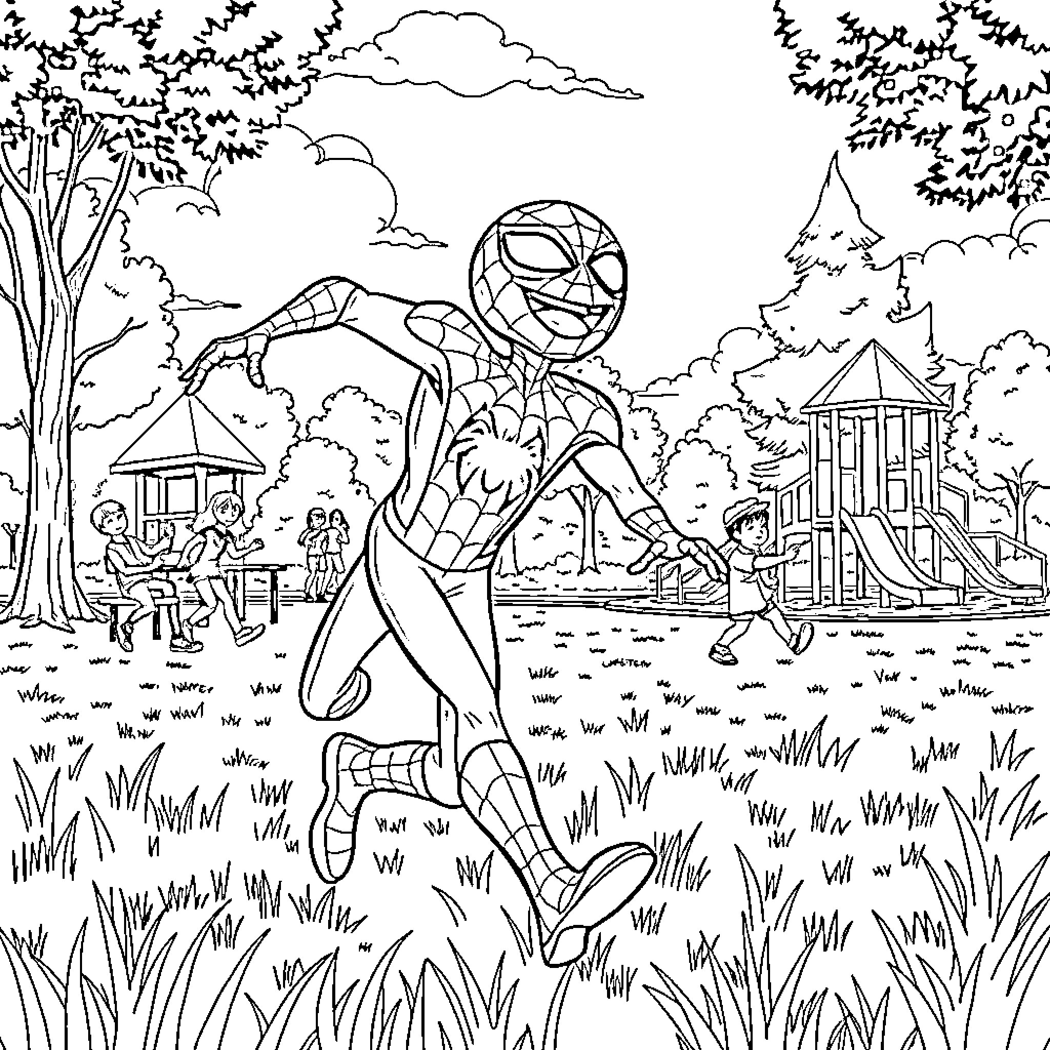 Spider-Man swinging through a playful outdoor scene Coloring Page (free black-and-white line drawing printable PDF for all, from beginners to advanced learners, including children, teens, adults, and seniors)