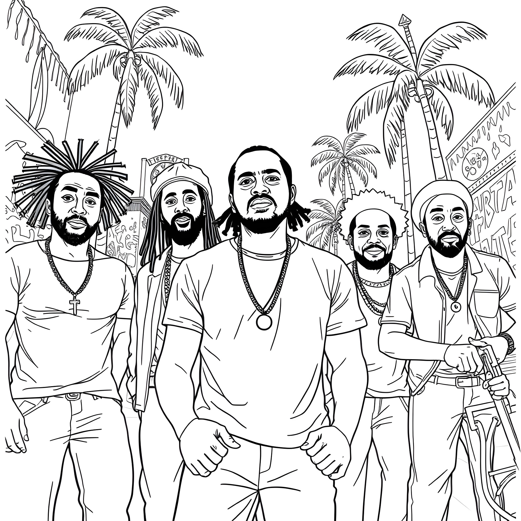 Shottas in the tropical paradise with palm trees Coloring Page (free black-and-white line drawing printable PDF for all, from beginners to advanced learners, including children, teens, adults, and seniors)