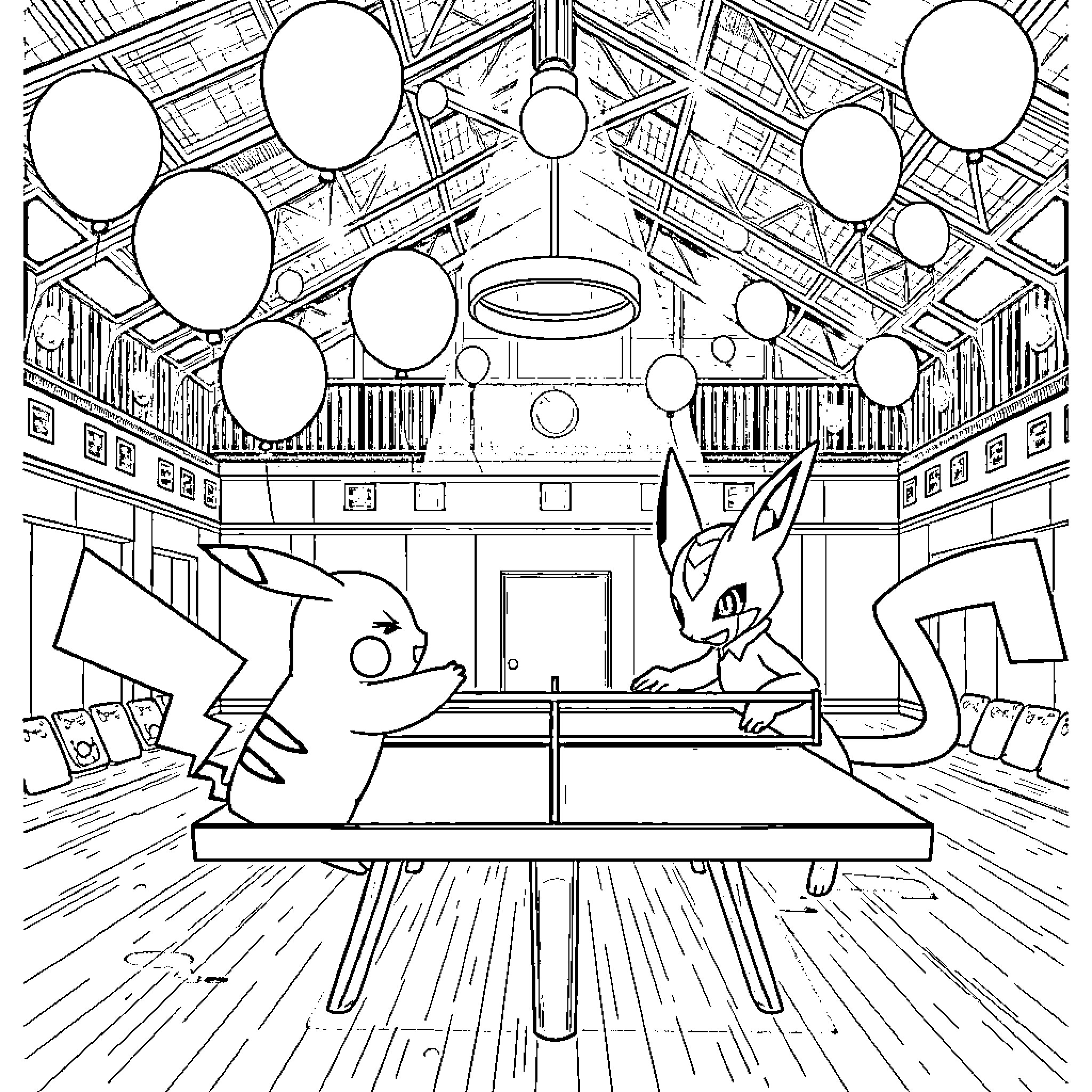 Pikachu and Eevee playing in a lively room Coloring Page (free black-and-white line drawing printable PDF for all, from beginners to advanced learners, including children, teens, adults, and seniors)