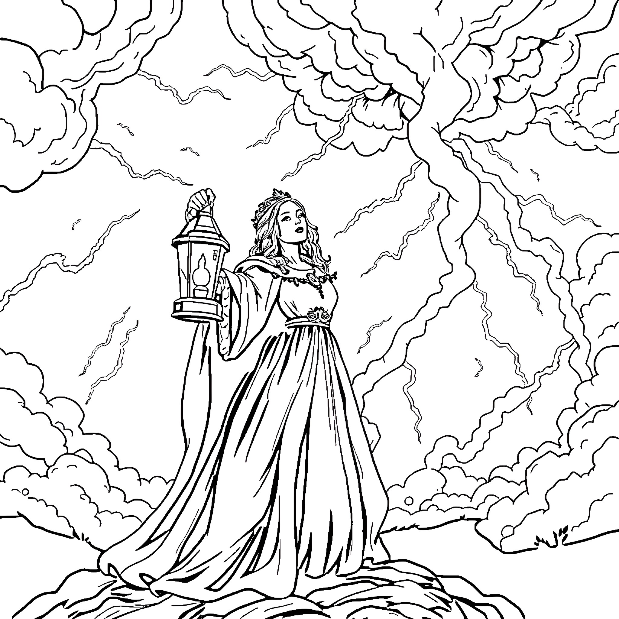 Queen Emerges from Stormy Clouds with Lantern Coloring Page (free black-and-white line drawing printable PDF for all, from beginners to advanced learners, including children, teens, adults, and seniors)