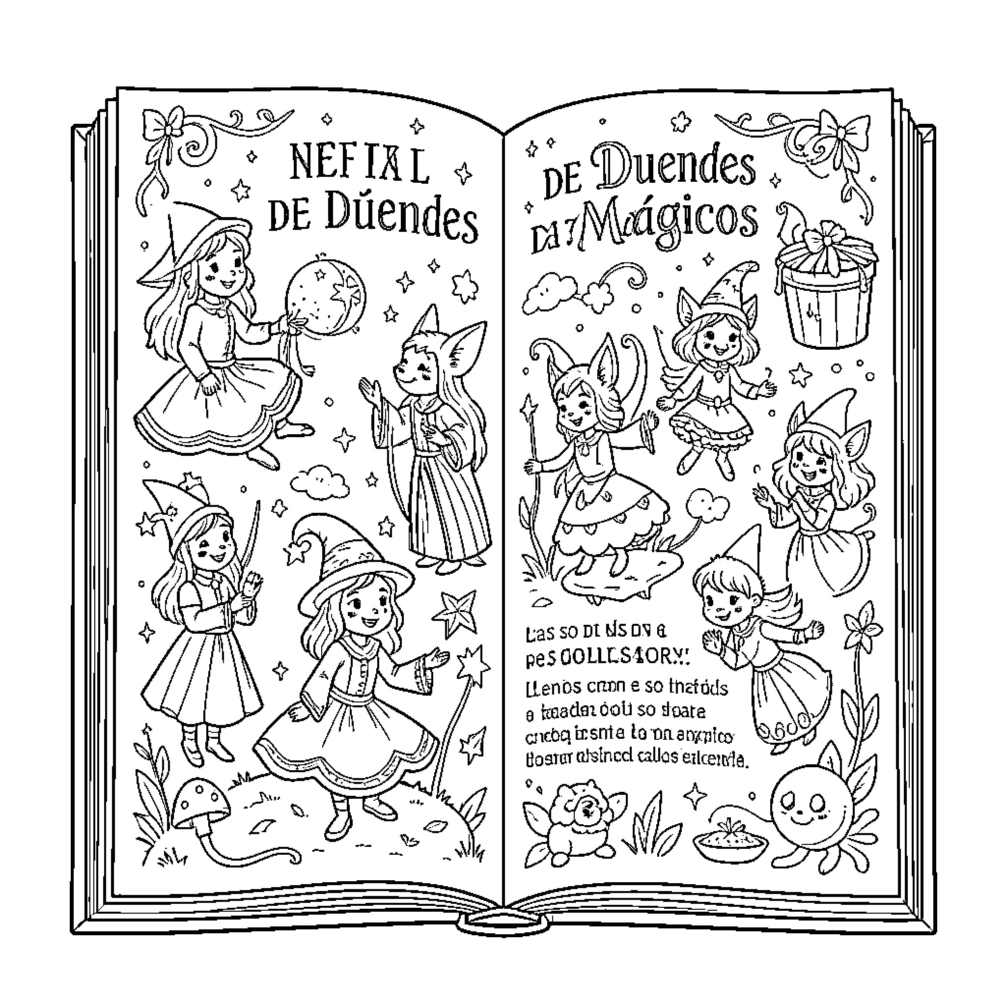 Duendes and Their Magical Adventures Coloring Page (free black-and-white line drawing printable PDF for all, from beginners to advanced learners, including children, teens, adults, and seniors)