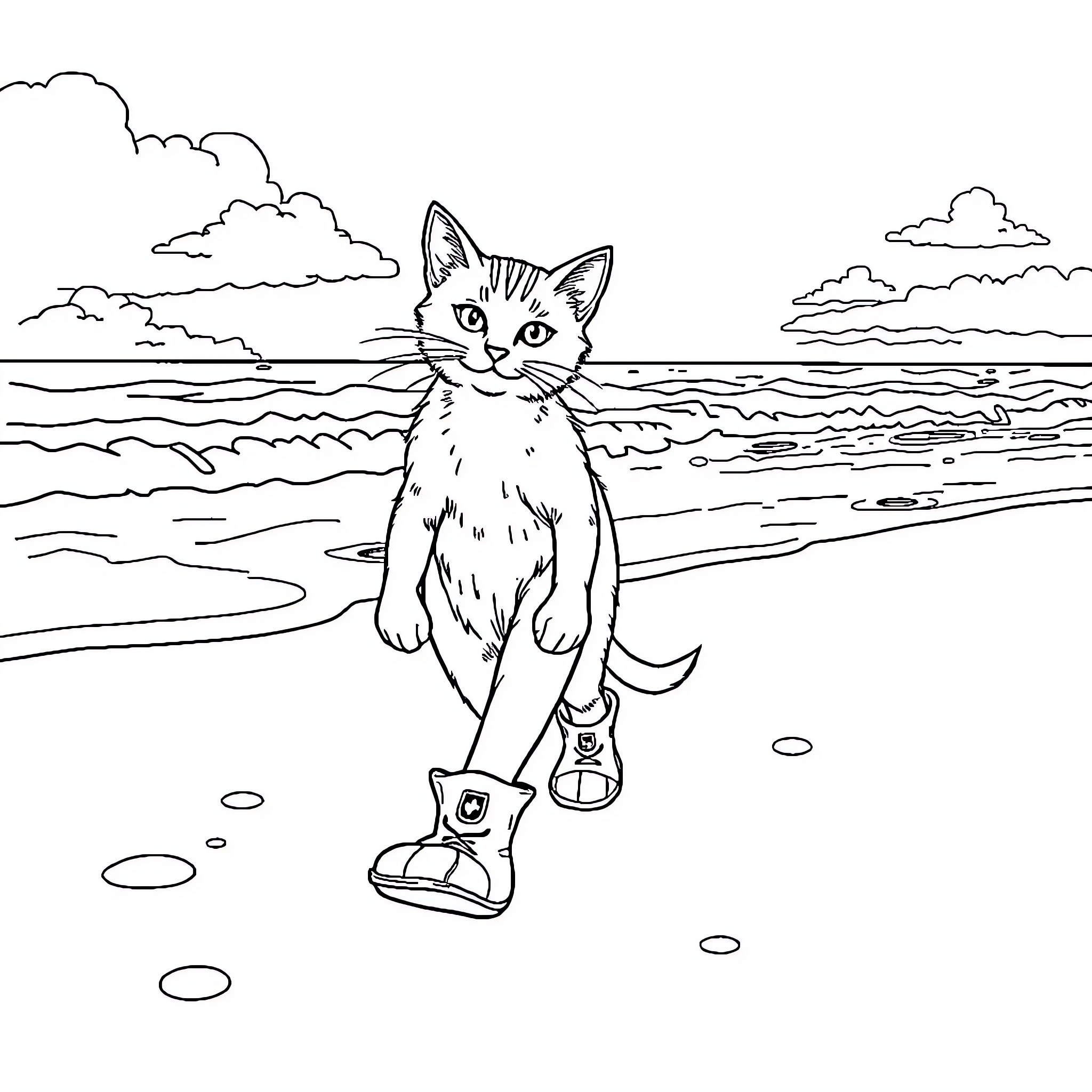 Cat exploring the beach on a sunny day Coloring Page (free black-and-white line drawing printable PDF for all, from beginners to advanced learners, including children, teens, adults, and seniors)