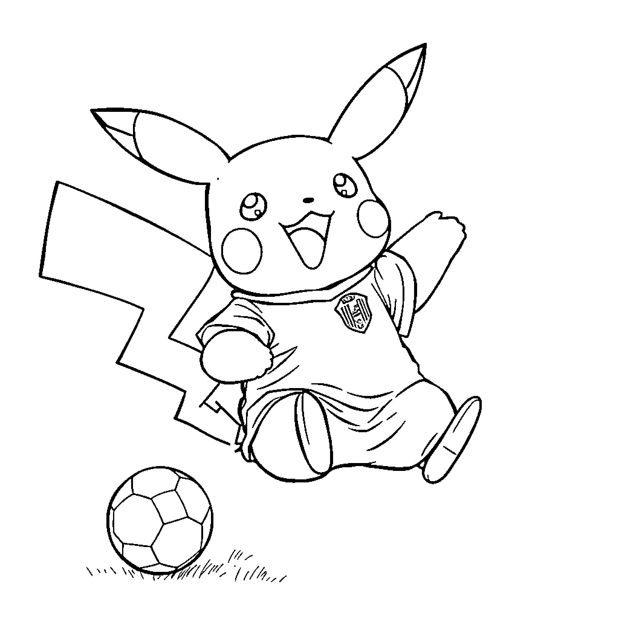 Pikachu playing with soccer ball happily Coloring Page (free black-and-white line drawing printable PDF for all, from beginners to advanced learners, including children, teens, adults, and seniors)