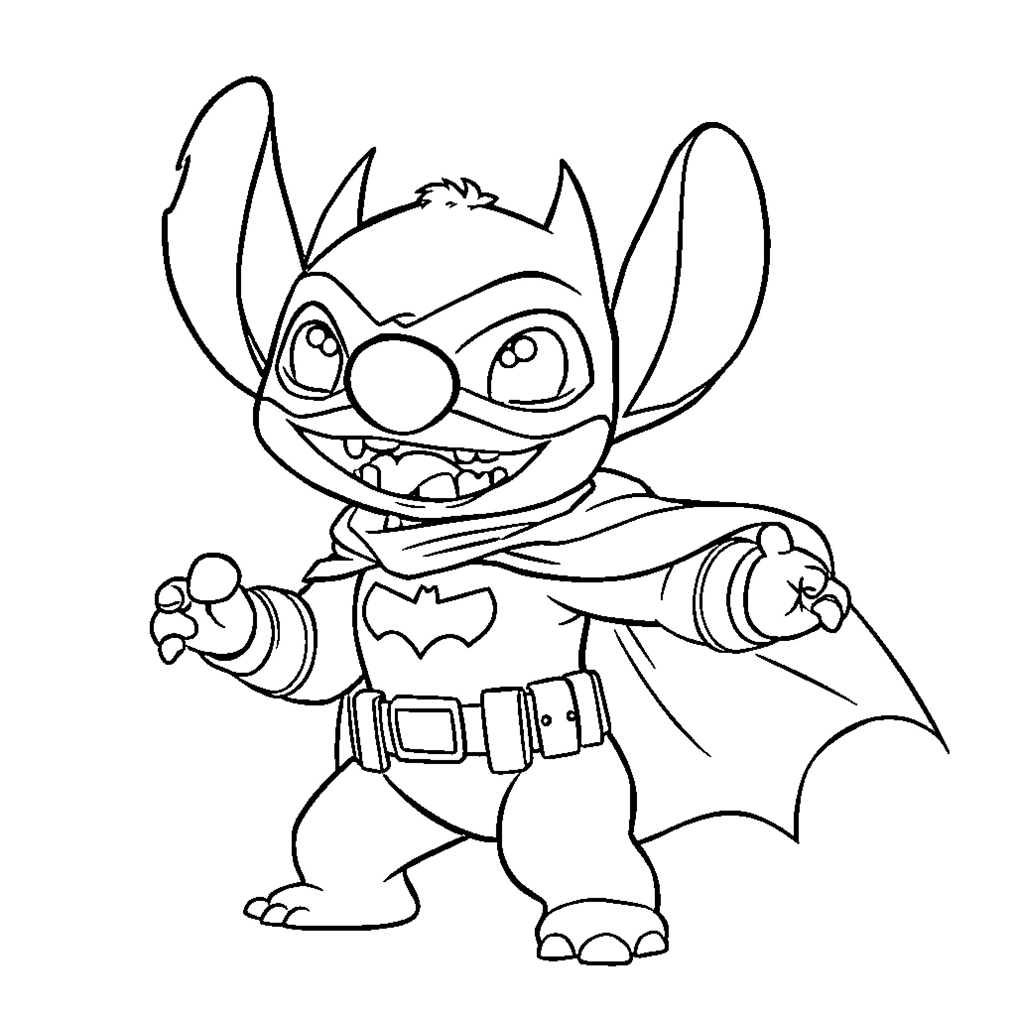 Stitch the Alien Hero Striking a Pose Coloring Page (free black-and-white line drawing printable PDF for all, from beginners to advanced learners, including children, teens, adults, and seniors)