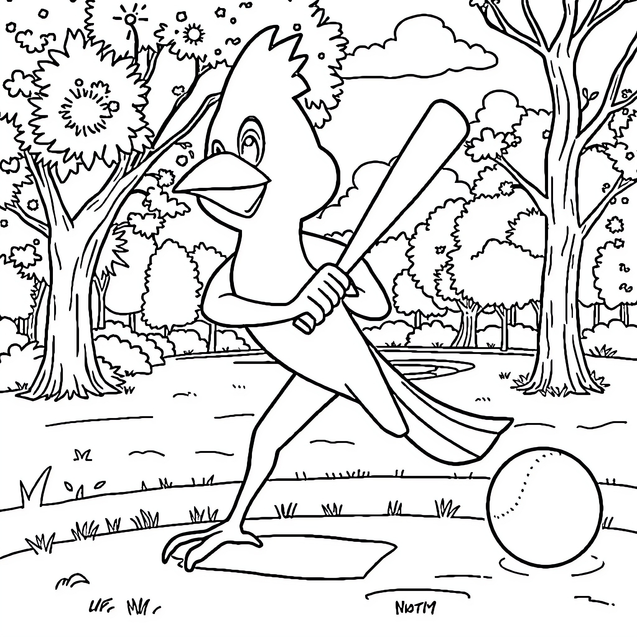 Cardinal Playing Baseball in the Park Coloring Page (free black-and-white line drawing printable PDF for all, from beginners to advanced learners, including children, teens, adults, and seniors)