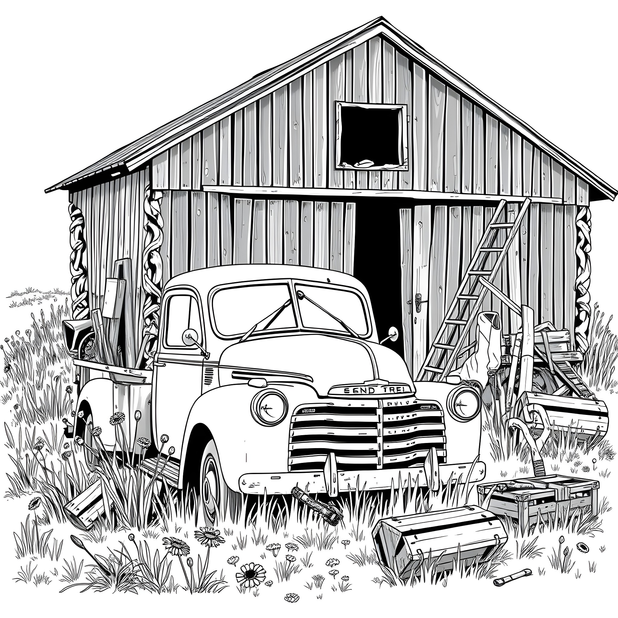 Truck in front of rustic barn with tools Coloring Page (free black-and-white line drawing printable PDF for all, from beginners to advanced learners, including children, teens, adults, and seniors)