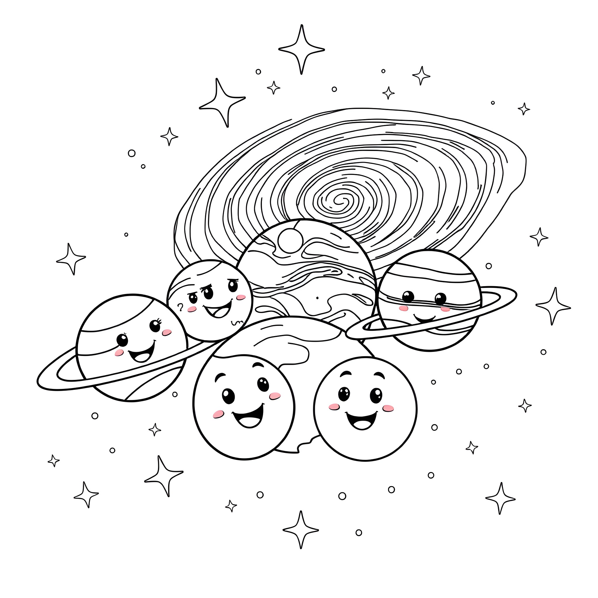 Planet filled with happy planets and stars Coloring Page (free black-and-white line drawing printable PDF for all, from beginners to advanced learners, including children, teens, adults, and seniors)