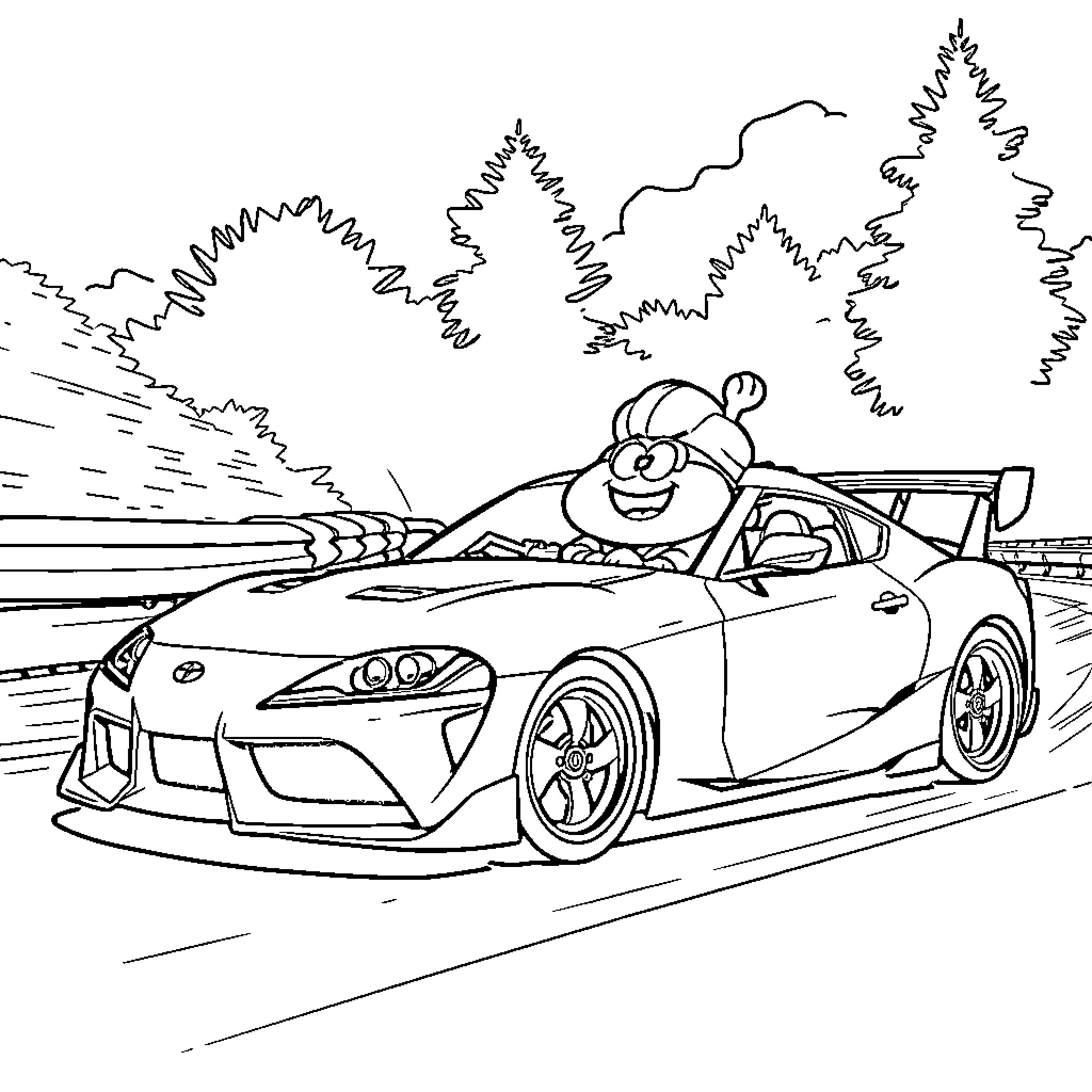 Huggy's Thrilling Ride in the Sports Car Coloring Page (free black-and-white line drawing printable PDF for all, from beginners to advanced learners, including children, teens, adults, and seniors)
