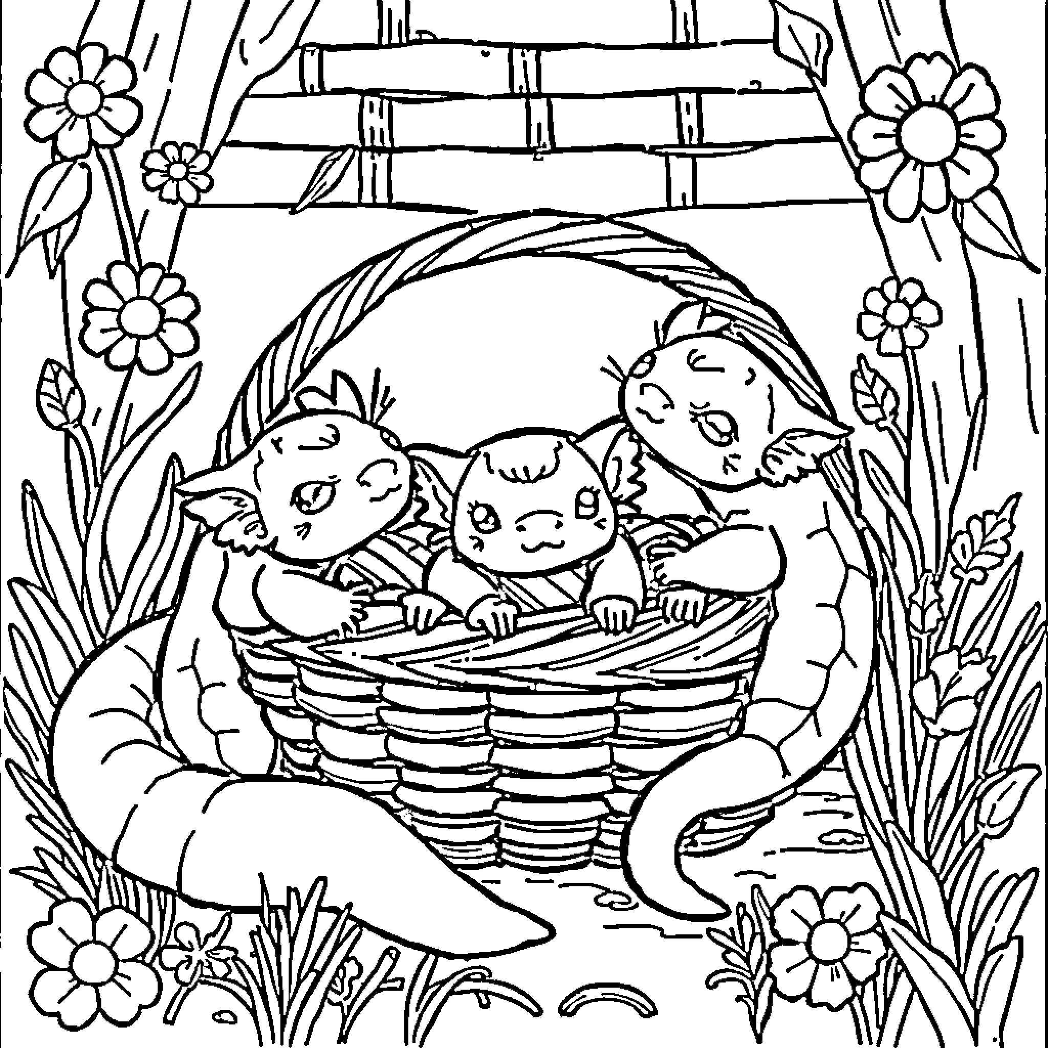 Axolotls in a Basket with Flowers Coloring Page (free black-and-white line drawing printable PDF for all, from beginners to advanced learners, including children, teens, adults, and seniors)