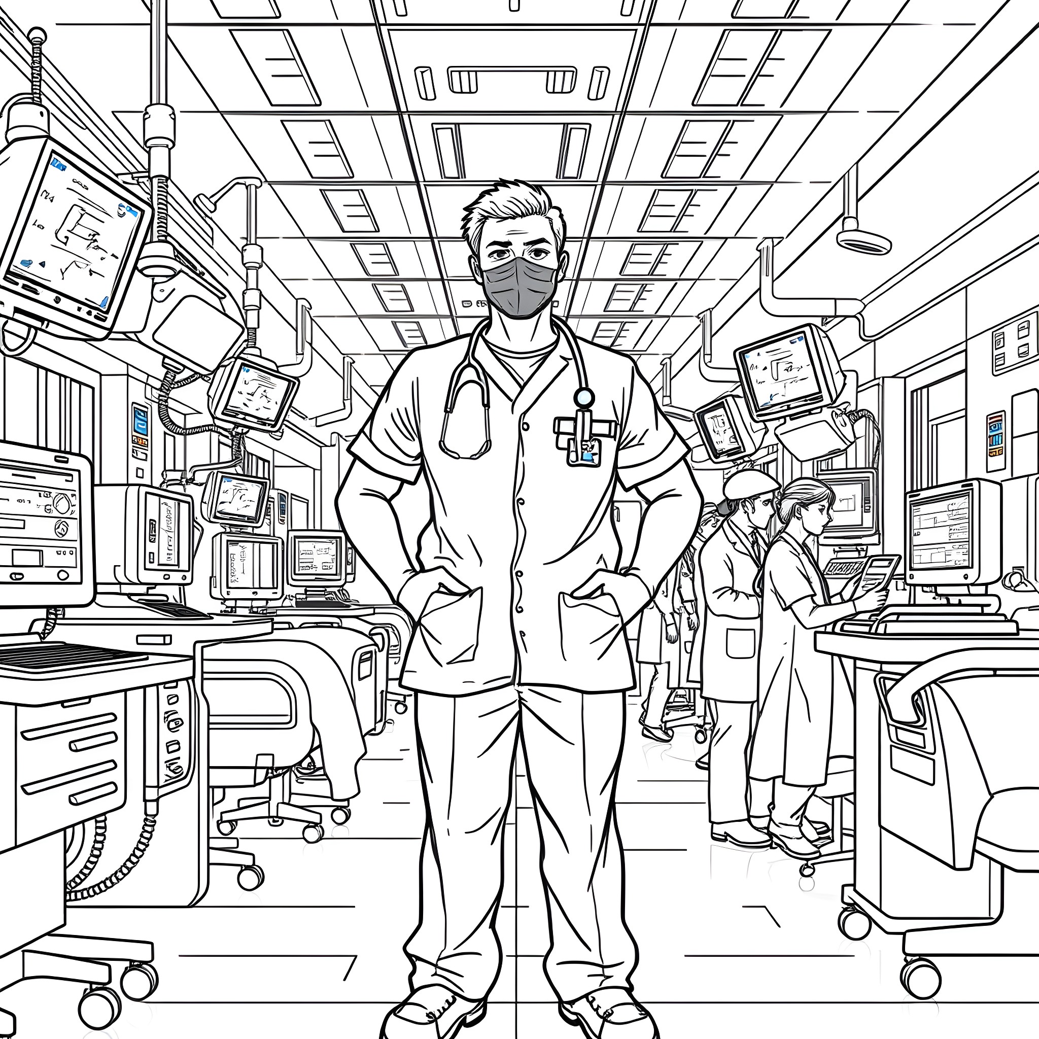 Therapist in a modern medical examination room Coloring Page (free black-and-white line drawing printable PDF for all, from beginners to advanced learners, including children, teens, adults, and seniors)