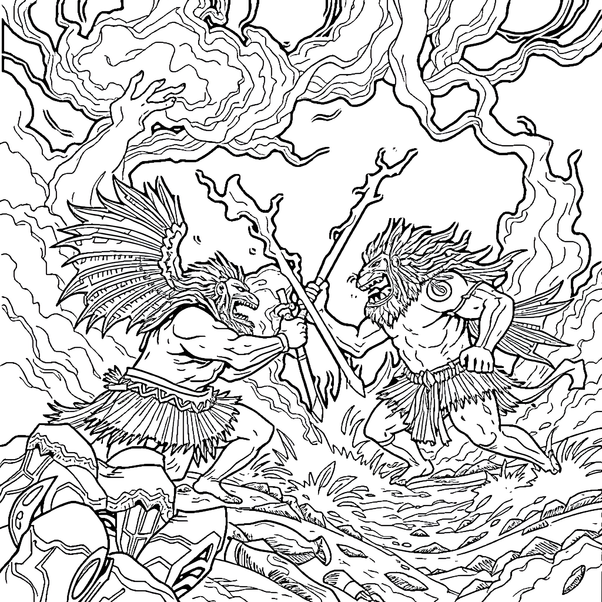 Paptuanuku: Mythical Creatures in Epic Battle Coloring Page (free black-and-white line drawing printable PDF for all, from beginners to advanced learners, including children, teens, adults, and seniors)