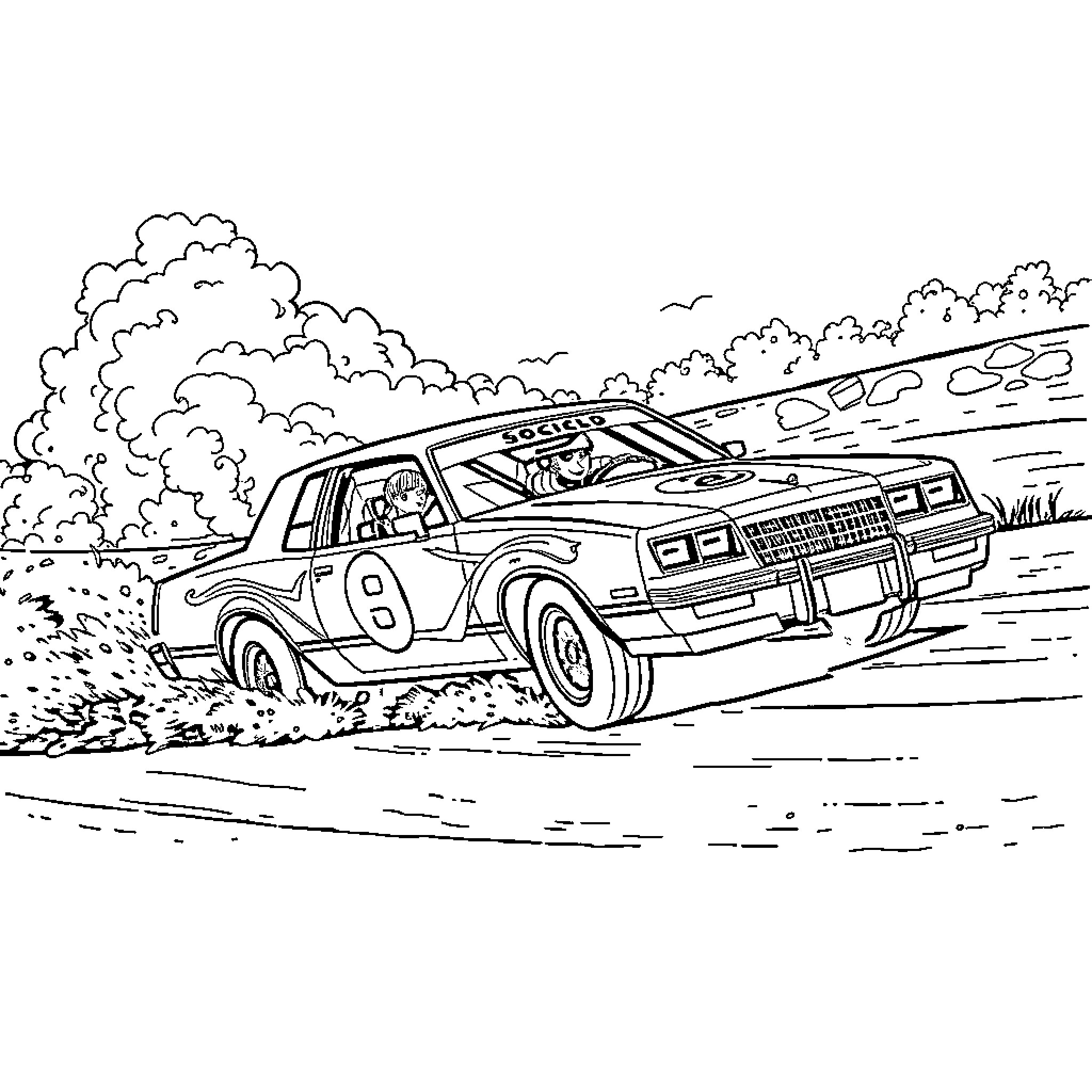 Car racing through off-road terrain Coloring Page (free black-and-white line drawing printable PDF for all, from beginners to advanced learners, including children, teens, adults, and seniors)