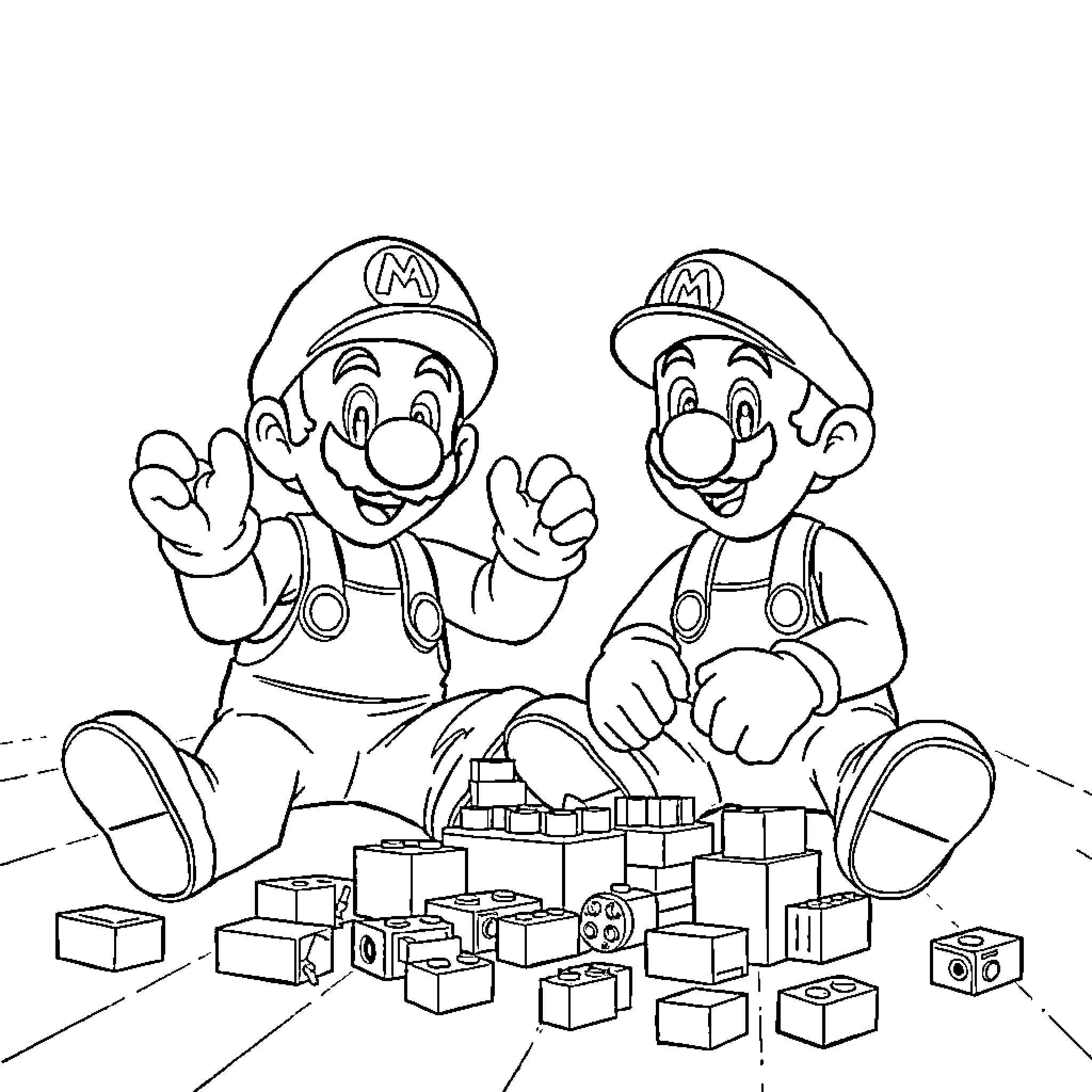 Luigi and Mario Playing with Building Blocks Coloring Page (free black-and-white line drawing printable PDF for all, from beginners to advanced learners, including children, teens, adults, and seniors)
